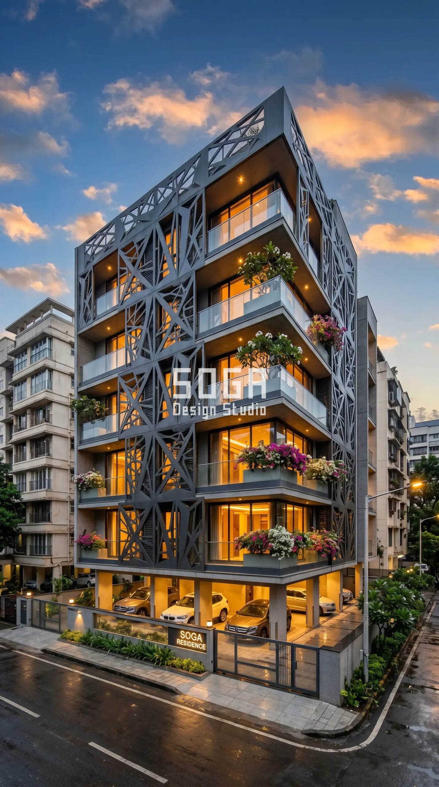 Best Facade Design in New Delhi 2026: Parametric Metal Facade Ideas 5 deep-set recessed balconies fr parametric facade New Delhi - SOGA Design Studio