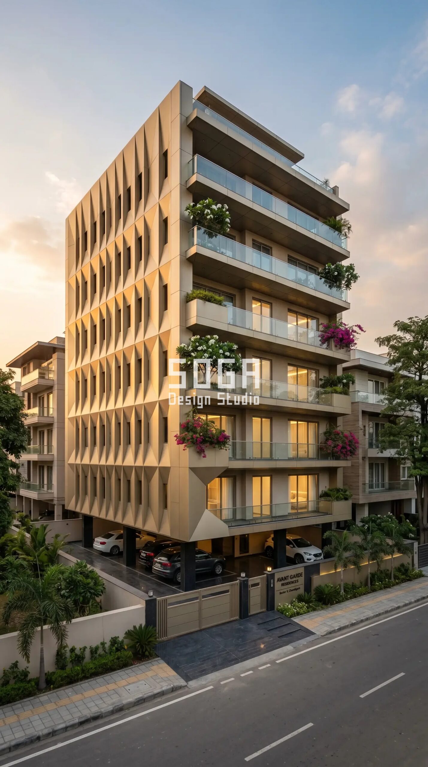 Best Facade Design in New Delhi 2026: Parametric Metal Facade Ideas 6 deep-set recessed balconies fr parametric facade New Delhi - SOGA Design Studio