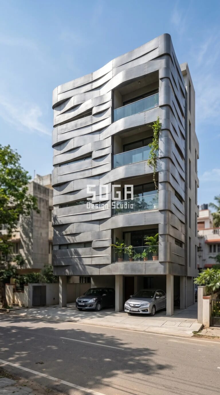 rippling horizontal bands of bent metal parametric facade Bangalore - SOGA Design Studio