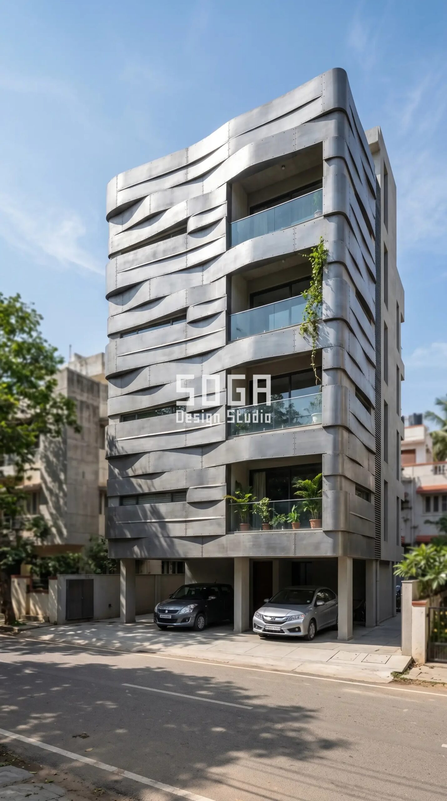 rippling horizontal bands of bent metal parametric facade Bangalore - SOGA Design Studio