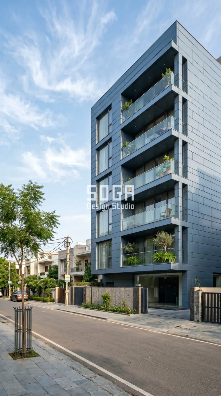 staggered brick-bond large-format metal parametric facade New Delhi - SOGA Design Studio
