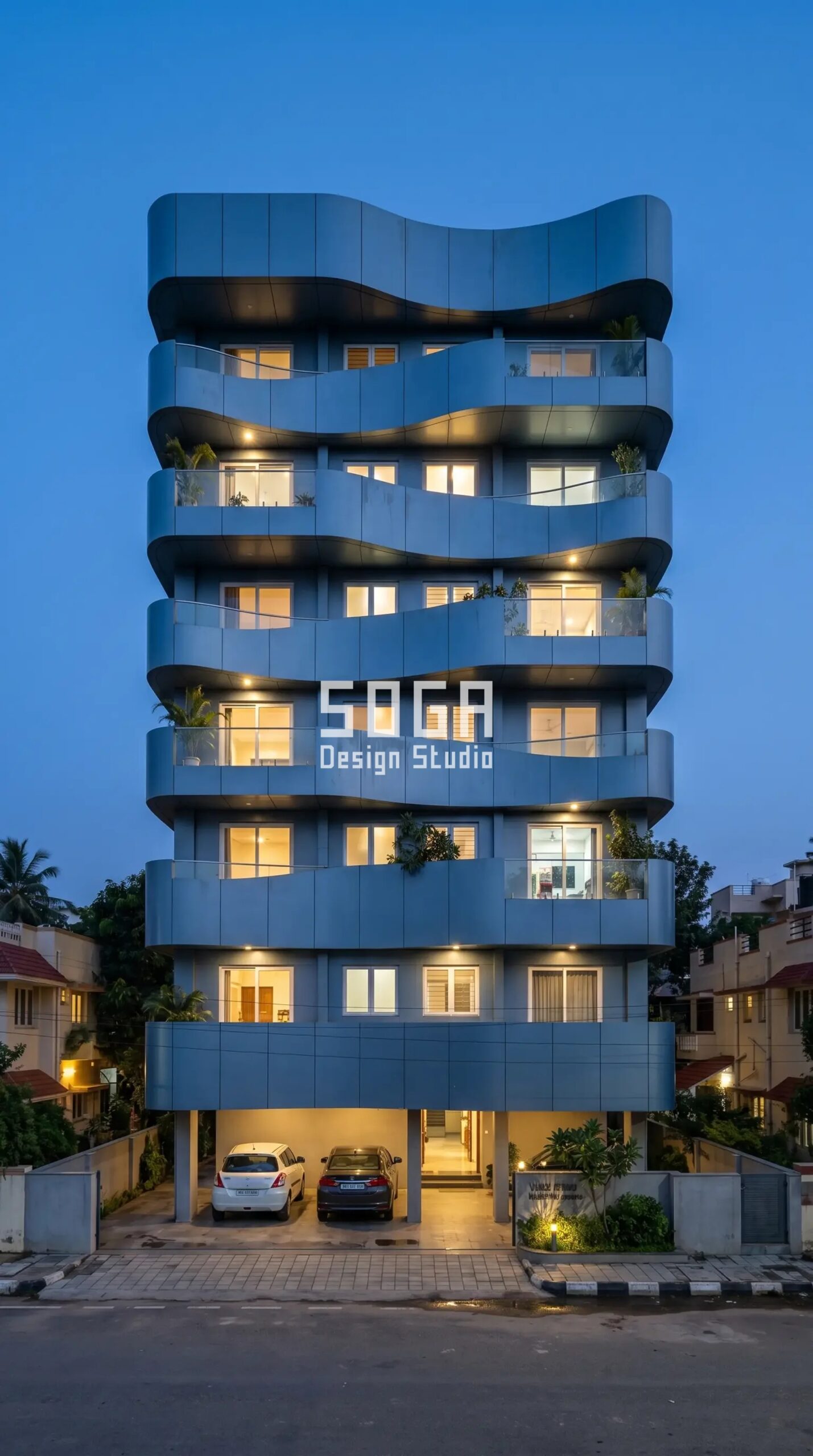 rippling horizontal bands of b parametric facade Bangalore - SOGA Design Studio
