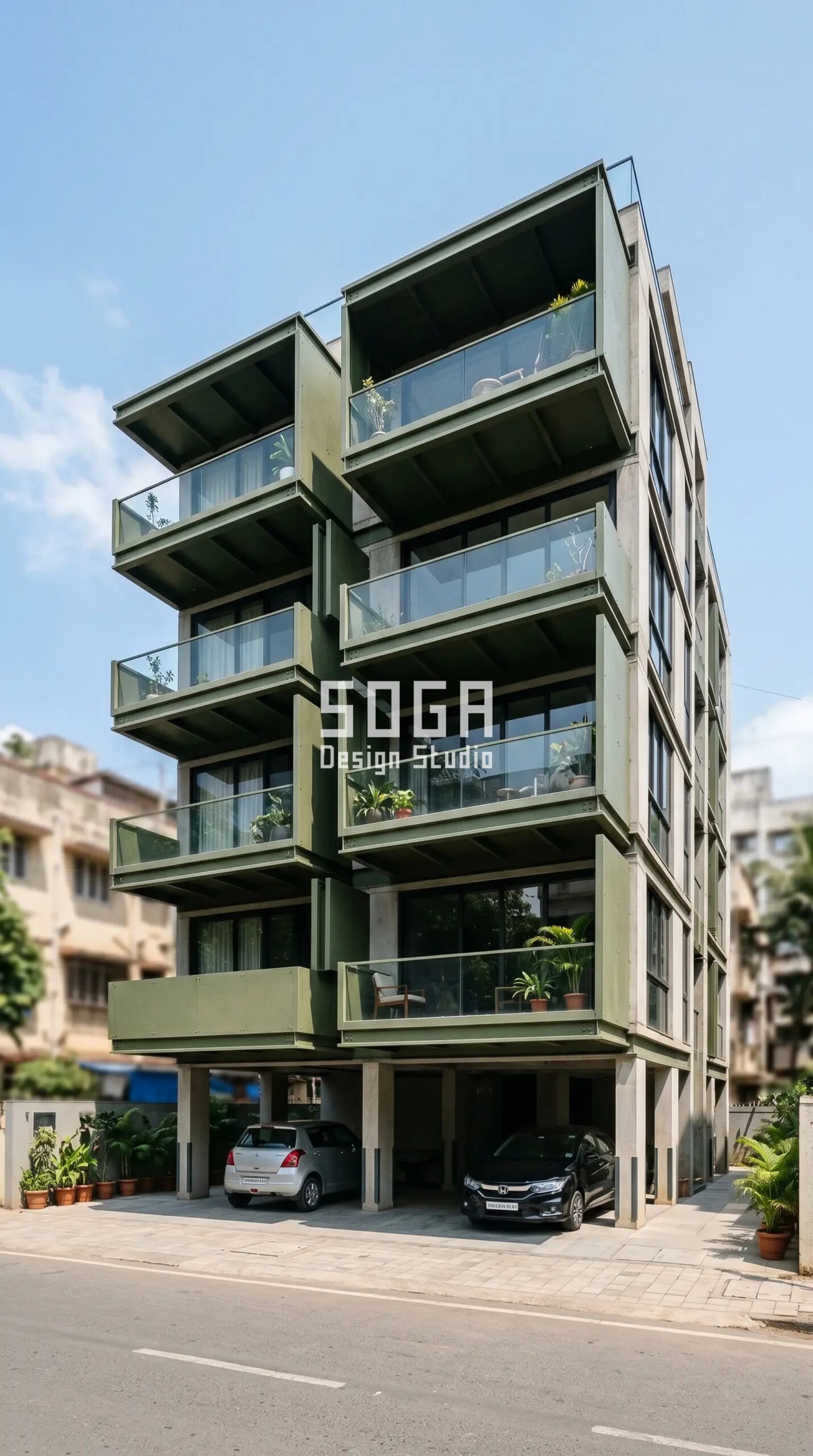 Best Facade Design in Mumbai 2026: Parametric Metal Facade Ideas 1 staggered cantilevered metal trays at al parametric facade Mumbai - SOGA Design Studio