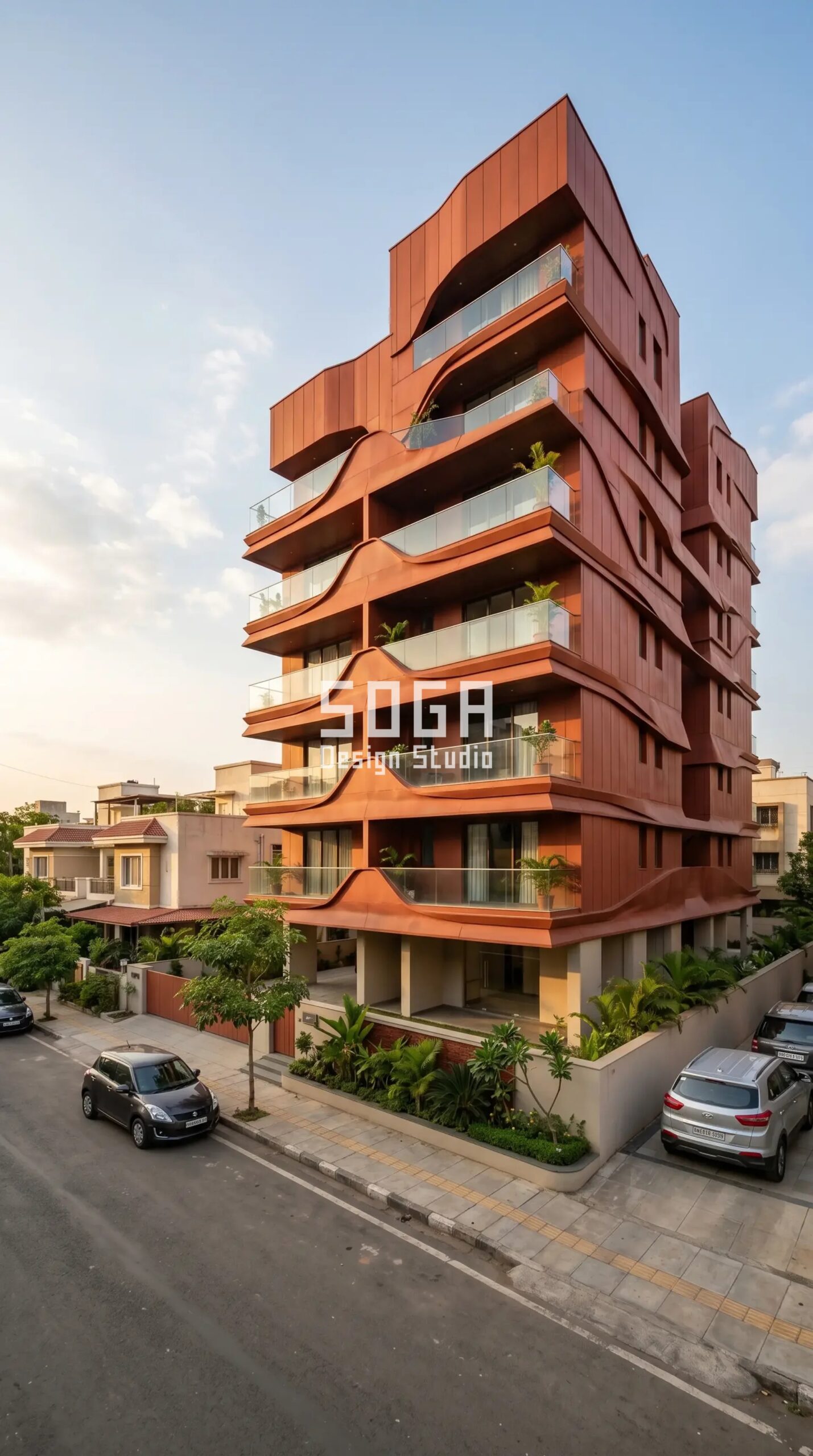 staggered cantilevered metal t parametric facade Mumbai - SOGA Design Studio