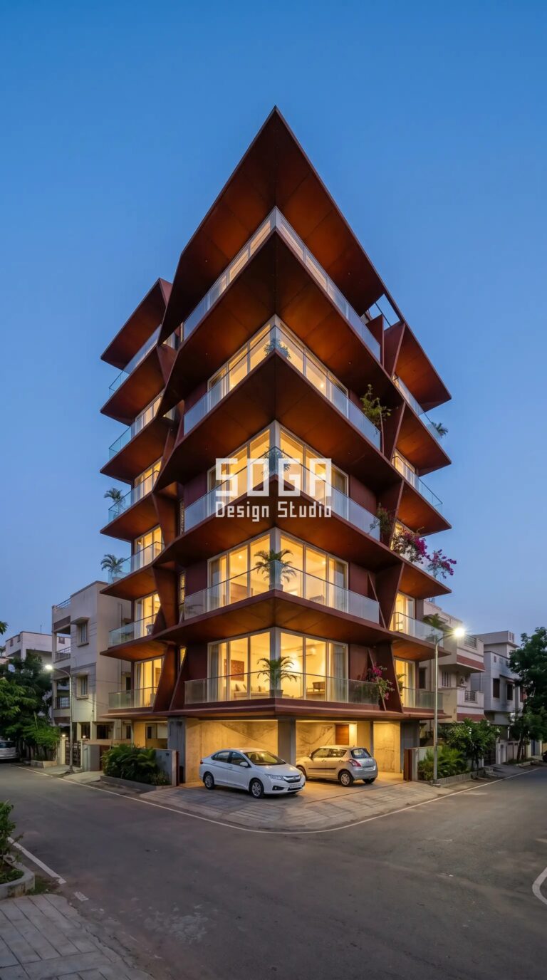 Vizag Facade Design 2026: Parametric Metal Facade Concepts 2 dramatic diagonal zigzag cantilevered me parametric facade Vizag - SOGA Design Studio