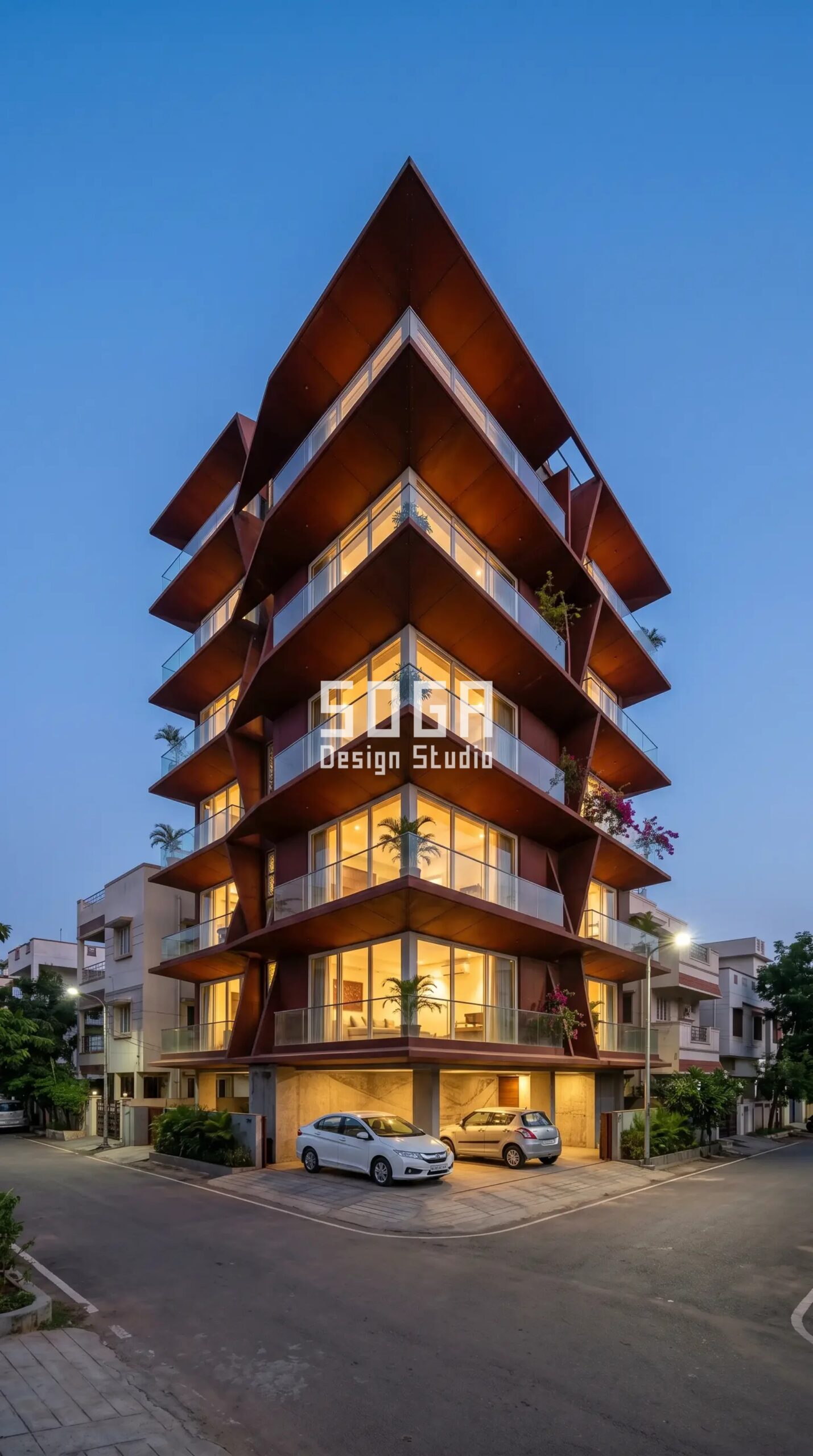 Vizag Facade Design 2026: Parametric Metal Facade Concepts 3 dramatic diagonal zigzag canti parametric facade Vizag - SOGA Design Studio