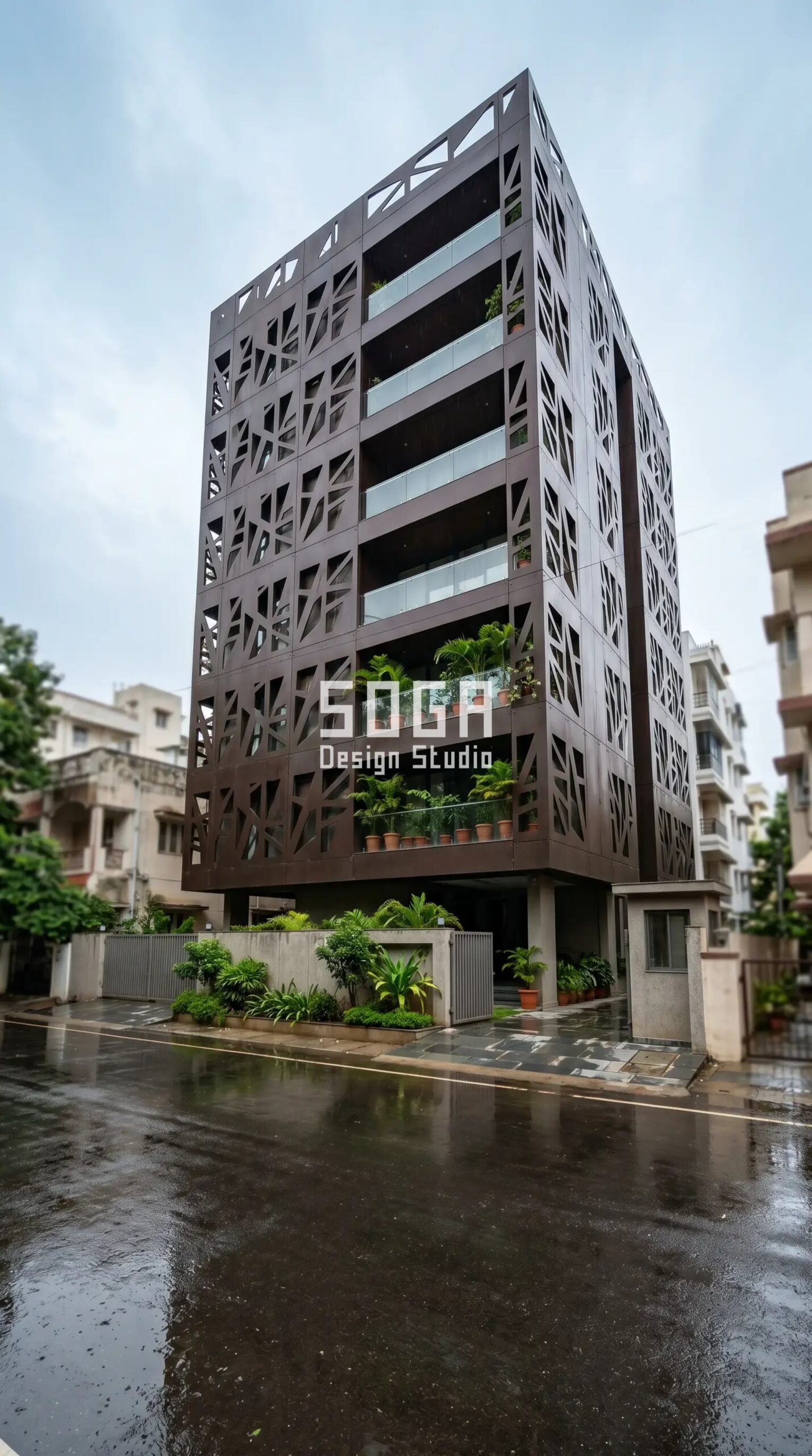 Vizag Facade Design 2026: Parametric Metal Facade Concepts 4 dramatic diagonal zigzag canti parametric facade Vizag - SOGA Design Studio