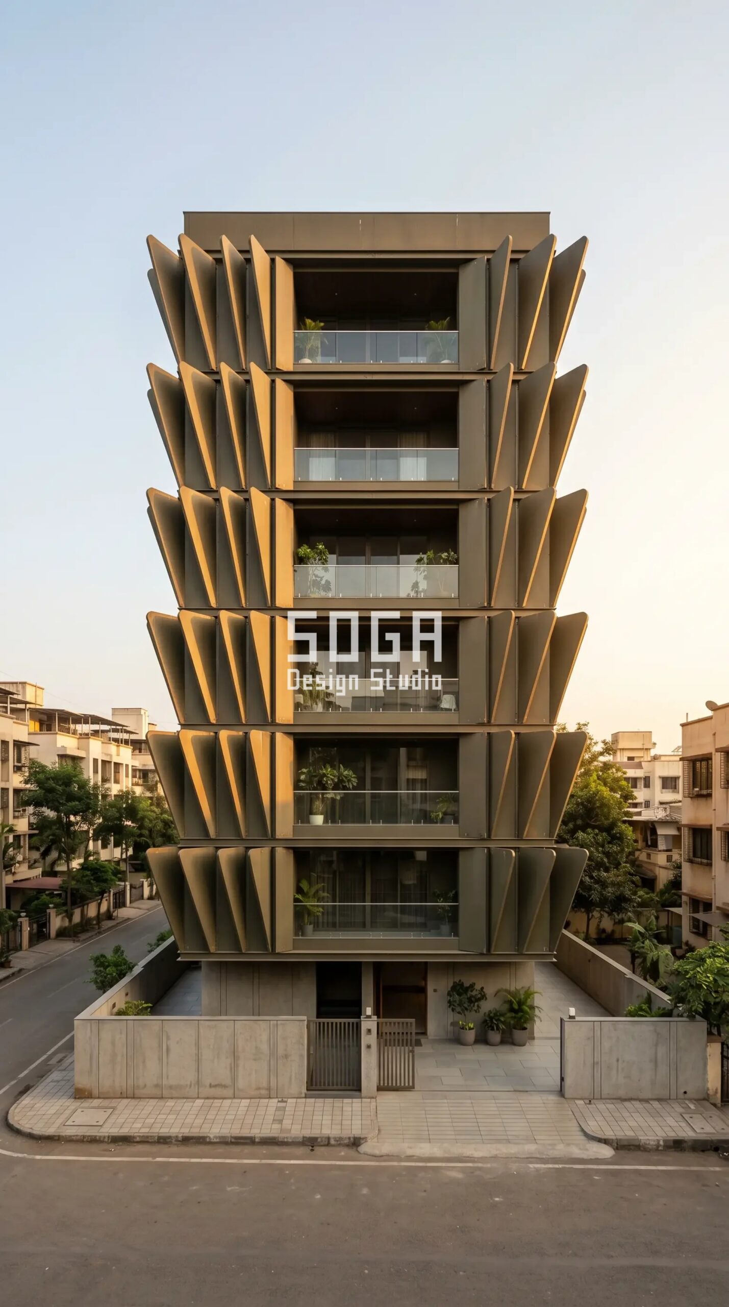 Vizag Facade Design 2026: Parametric Metal Facade Concepts 6 dramatic diagonal zigzag canti parametric facade Vizag - SOGA Design Studio