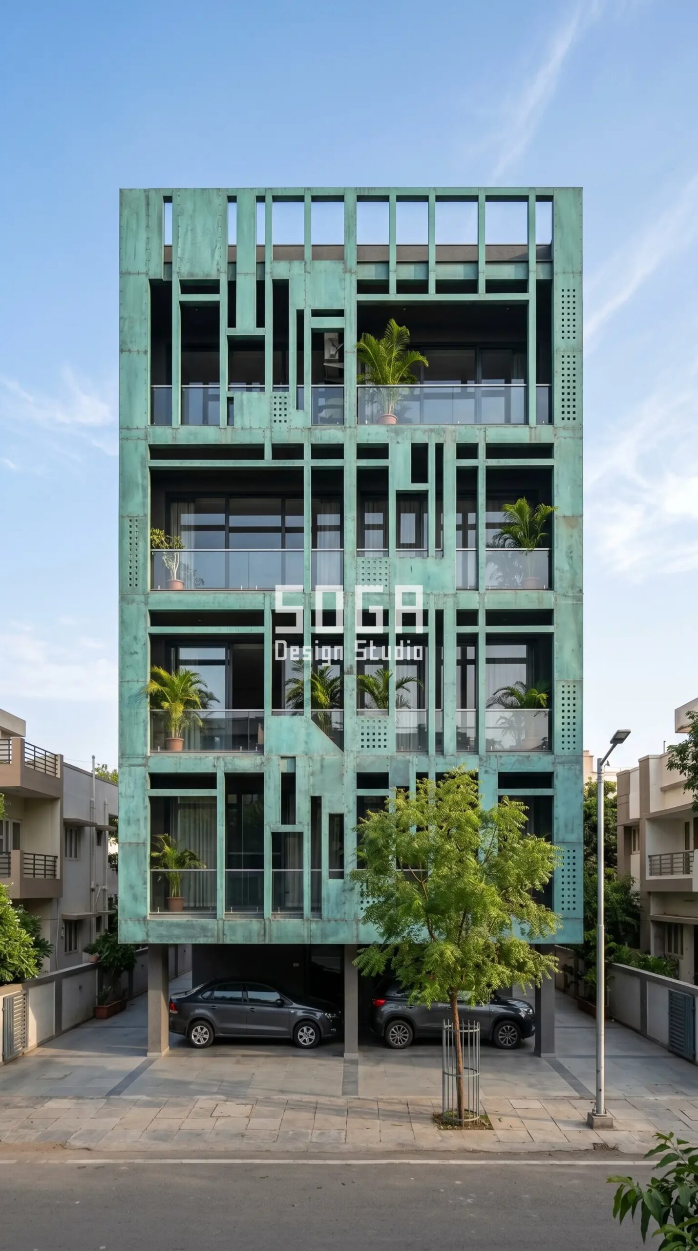SogaScreen verdigris copper shadow-screen parametric facade Ahmedabad - SOGA Design Studio