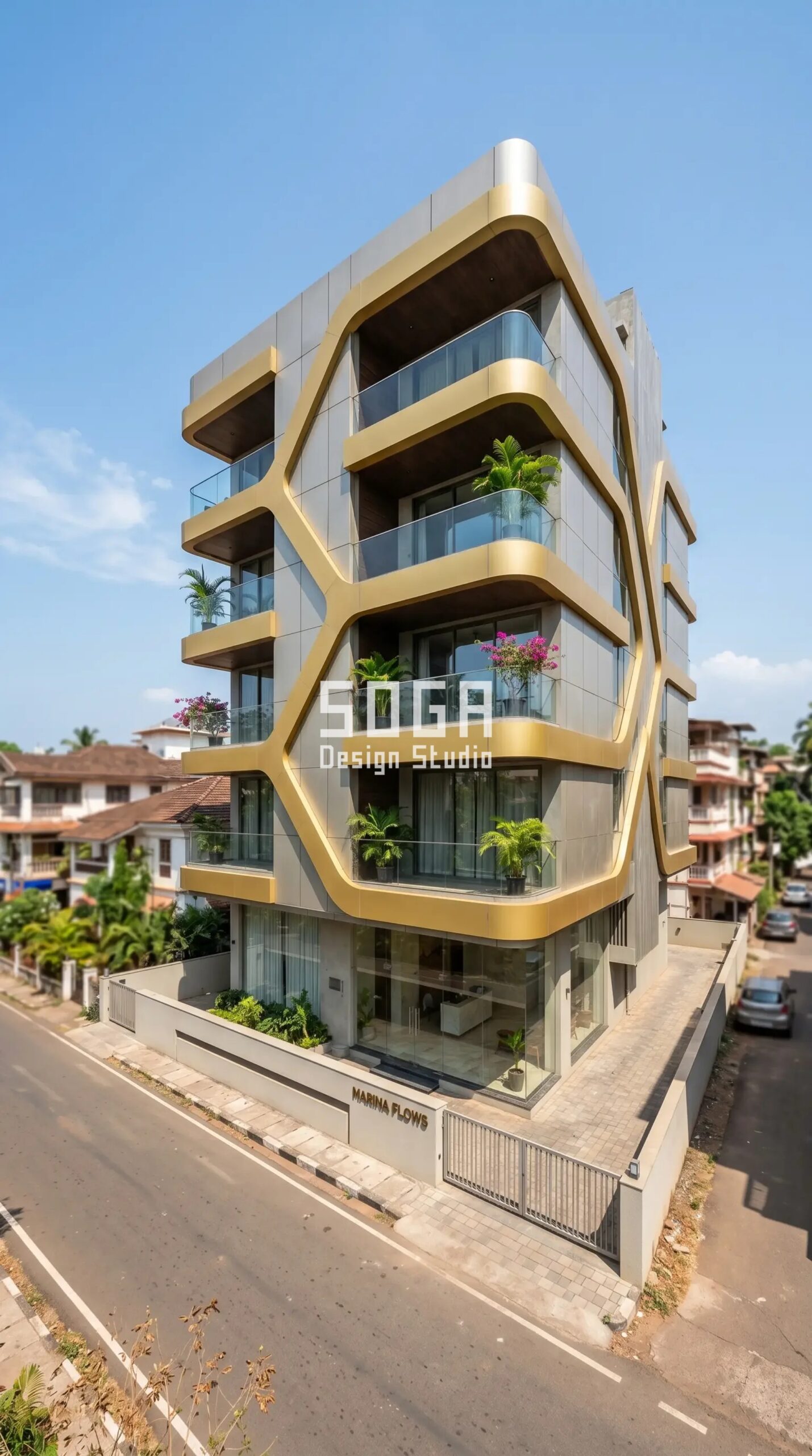 SogaShell gold sculptural wave parametric facade Goa - SOGA Design Studio