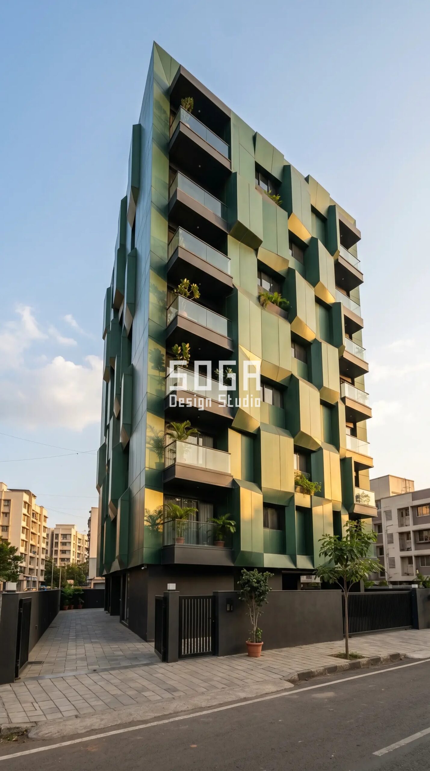 SogaGrid forest green faceted panel parametric facade Navi Mumbai - SOGA Design Studio