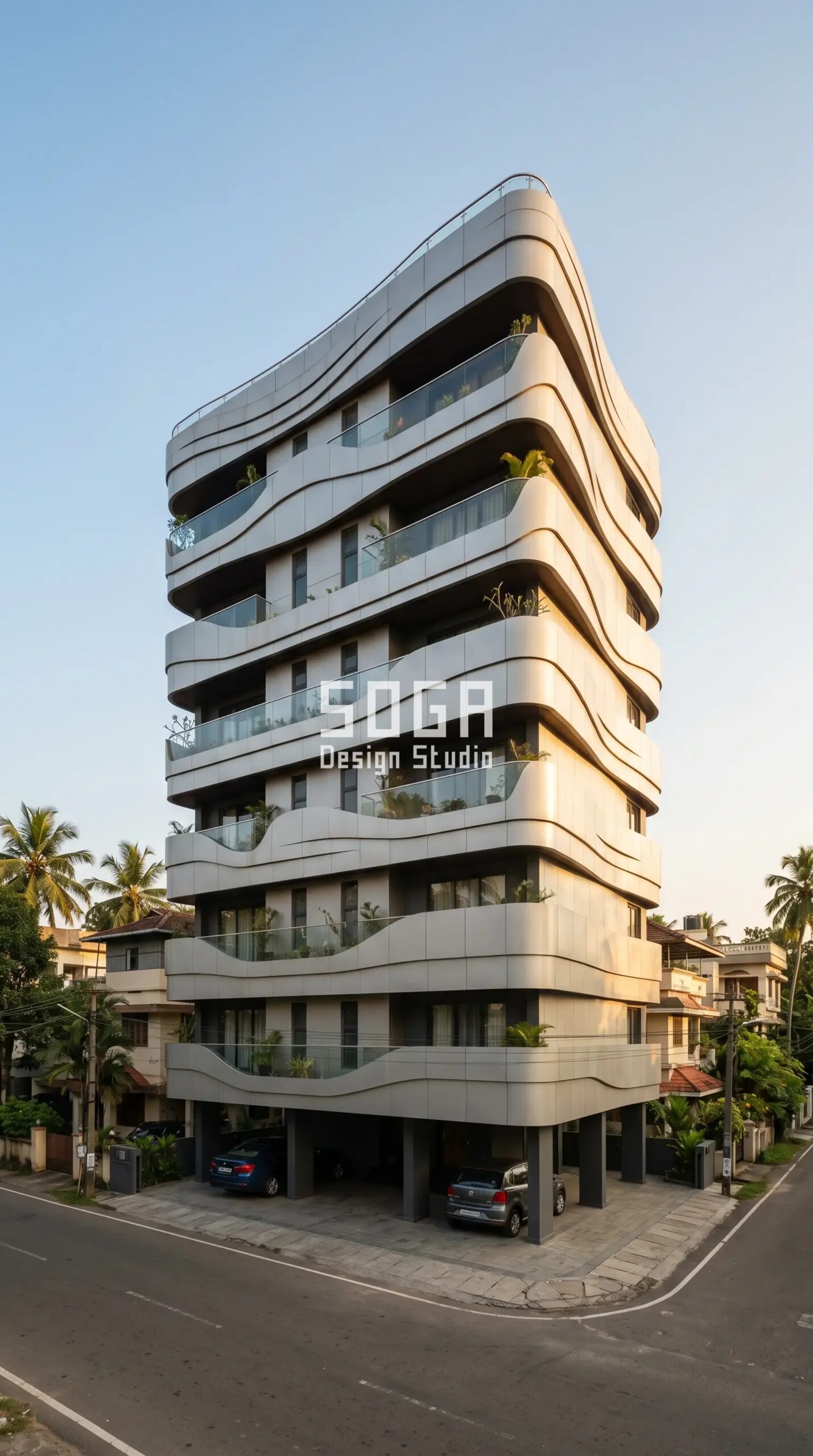 rippling horizontal bands of b parametric facade Kochi - SOGA Design Studio