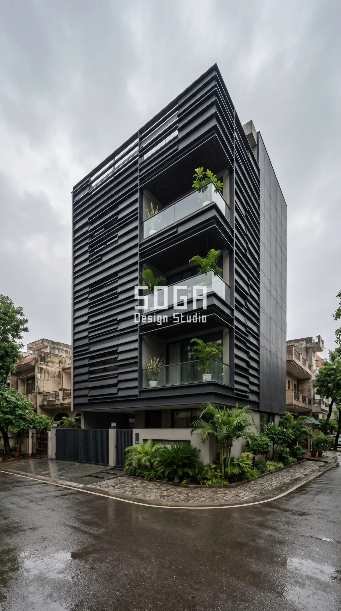 rippling horizontal bands of b parametric facade Kochi - SOGA Design Studio