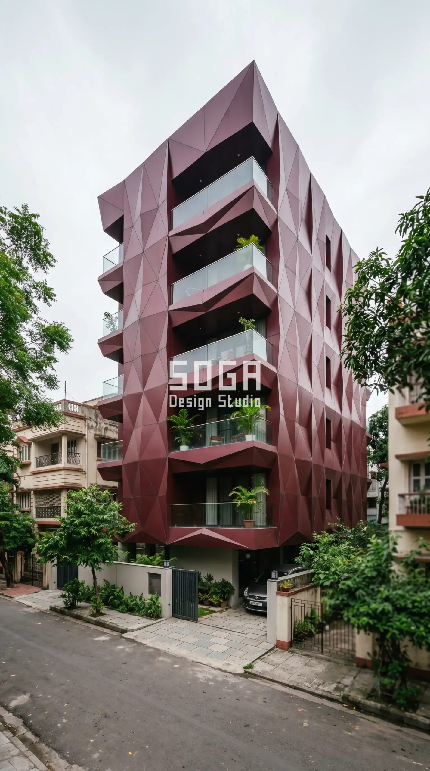 rippling horizontal bands of b parametric facade Kochi - SOGA Design Studio