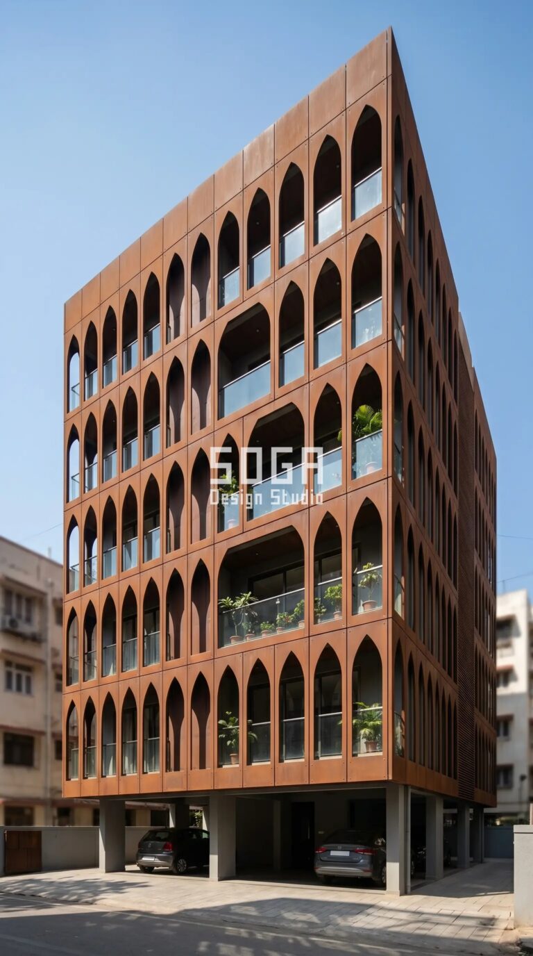 Parametric Arch Screen matte raw Corten steel in deep rust tones facade Mumbai - SOGA Design Studio