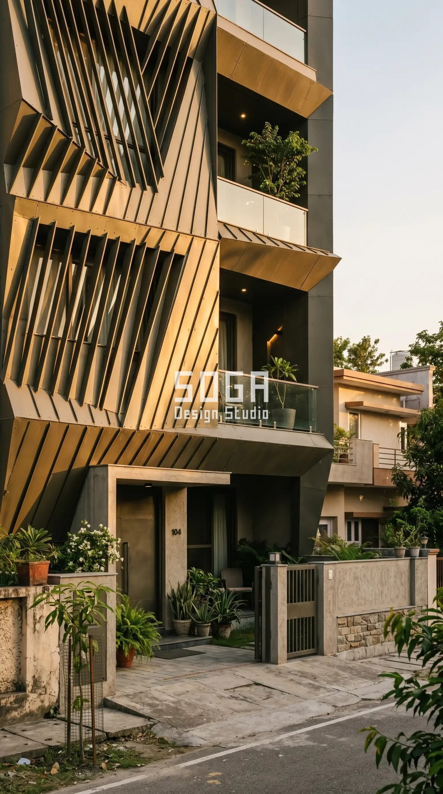 Parametric Diagonal Pulse matte powder-coated RAL 6008 brown green steel panels facade Dehradun - SOGA Design Studio