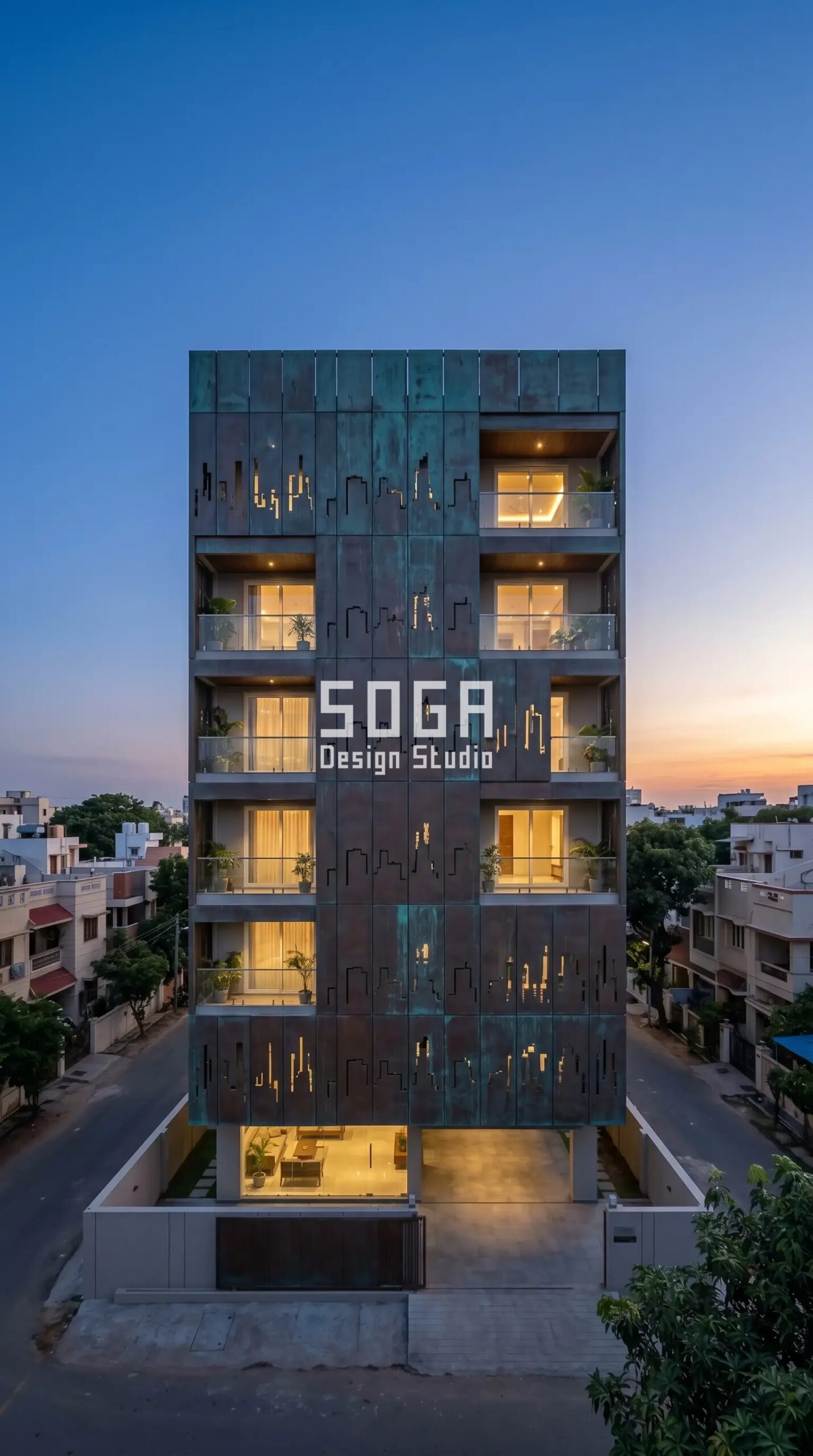 Parametric Skyline Screen matte oxidized patinated copper with verdigris highlights facade Chennai - SOGA Design Studio