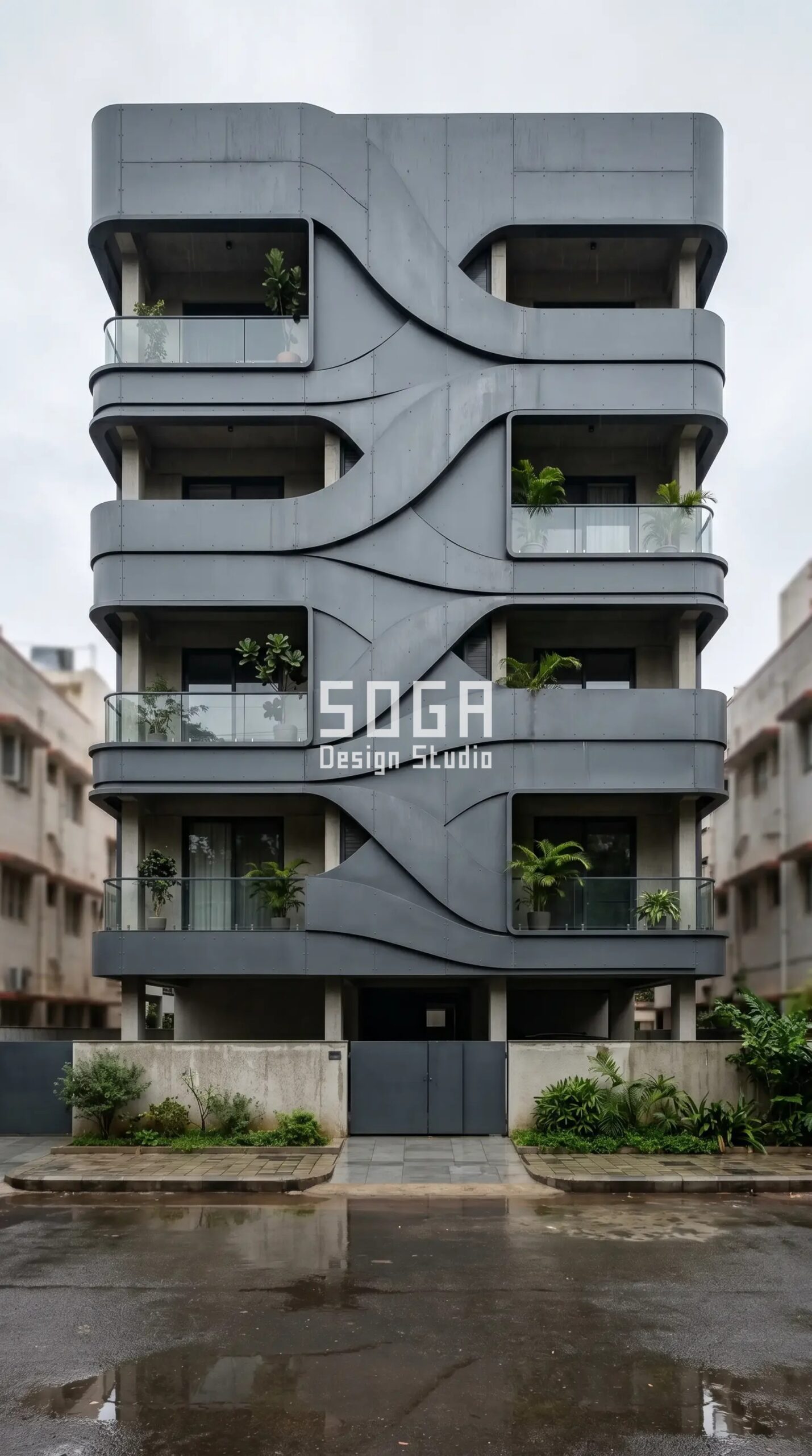 Parametric Wave Shell matte powder-coated RAL 7015 slate grey steel panels facade Bangalore - SOGA Design Studio