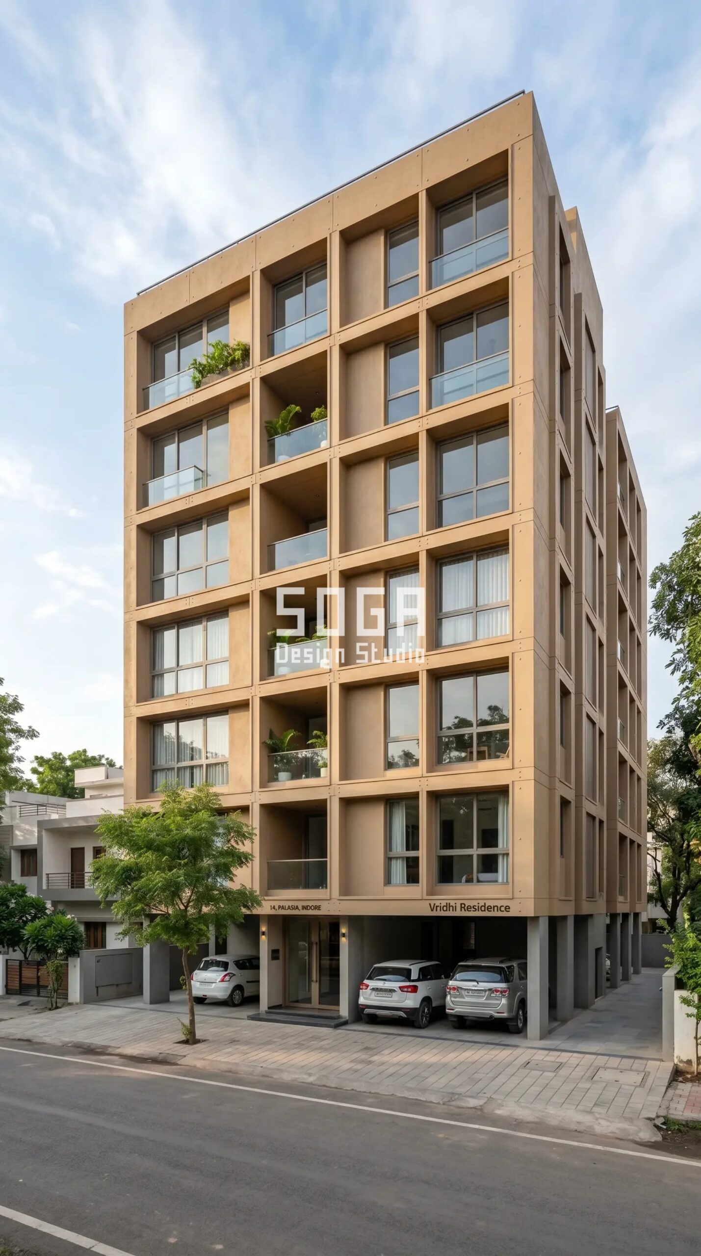 Facade Design in Indore & India 2026: Metal Facade Guide 3 Parametric Hammered Grid powder-coated desert-sand steel facade Indore - SOGA Design Studio
