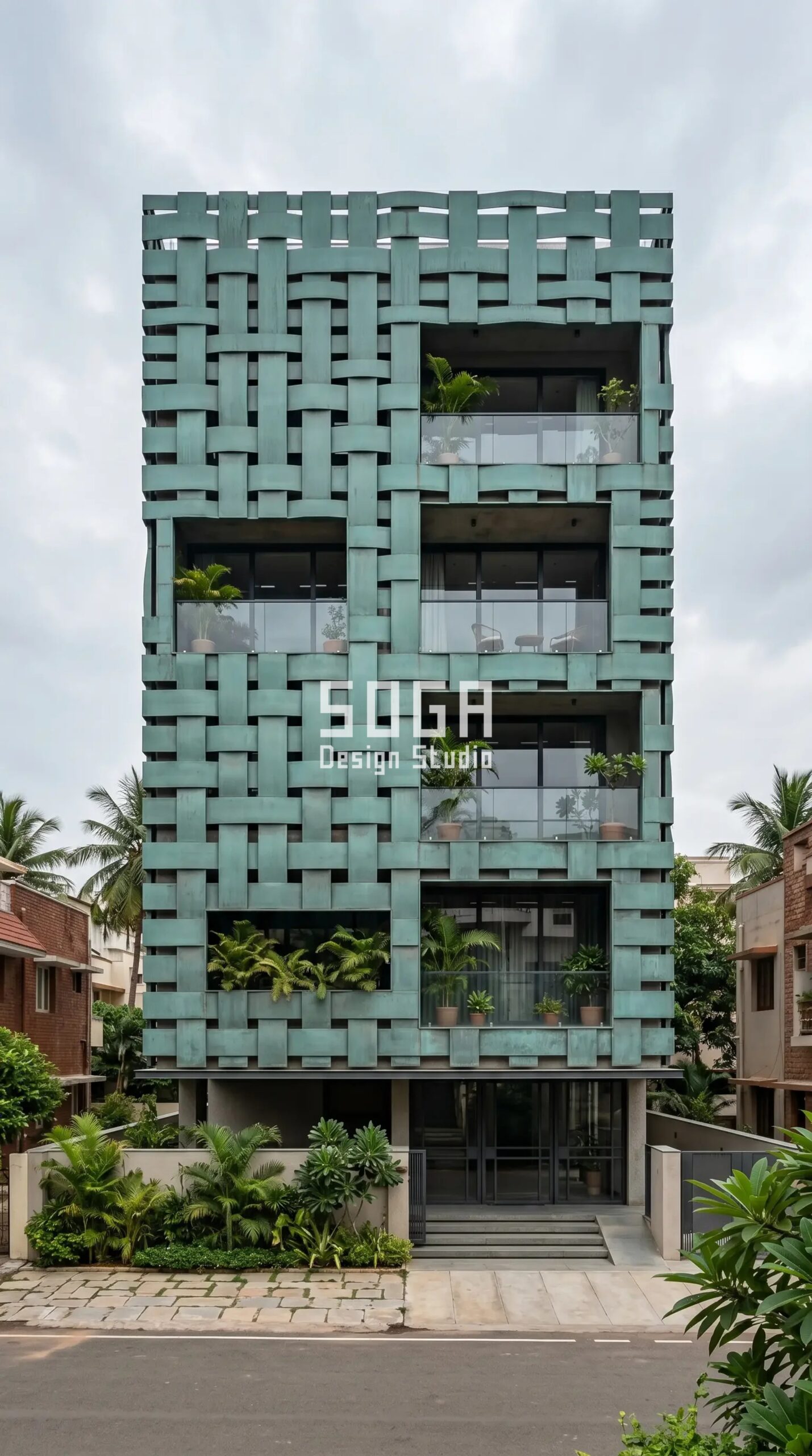 Facade Design in Indore & India 2026: Metal Facade Guide 4 Parametric Basket Weave verdigris copper-toned metal facade Vizag - SOGA Design Studio
