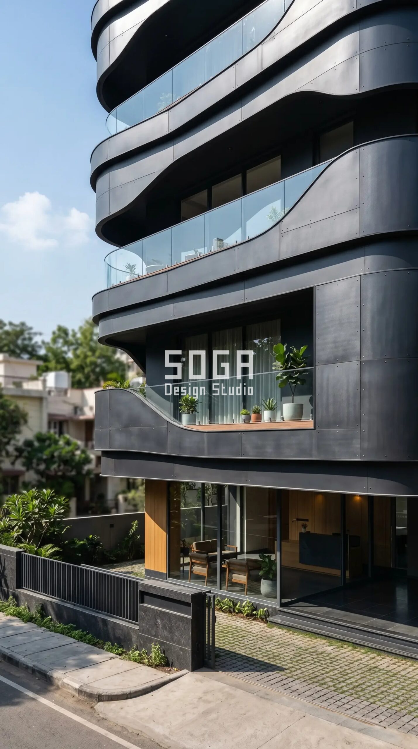 Facade Design in Indore & India 2026: Metal Facade Guide 5 Parametric Contour Shell RAL 7021 dark grey steel facade Nagpur - SOGA Design Studio
