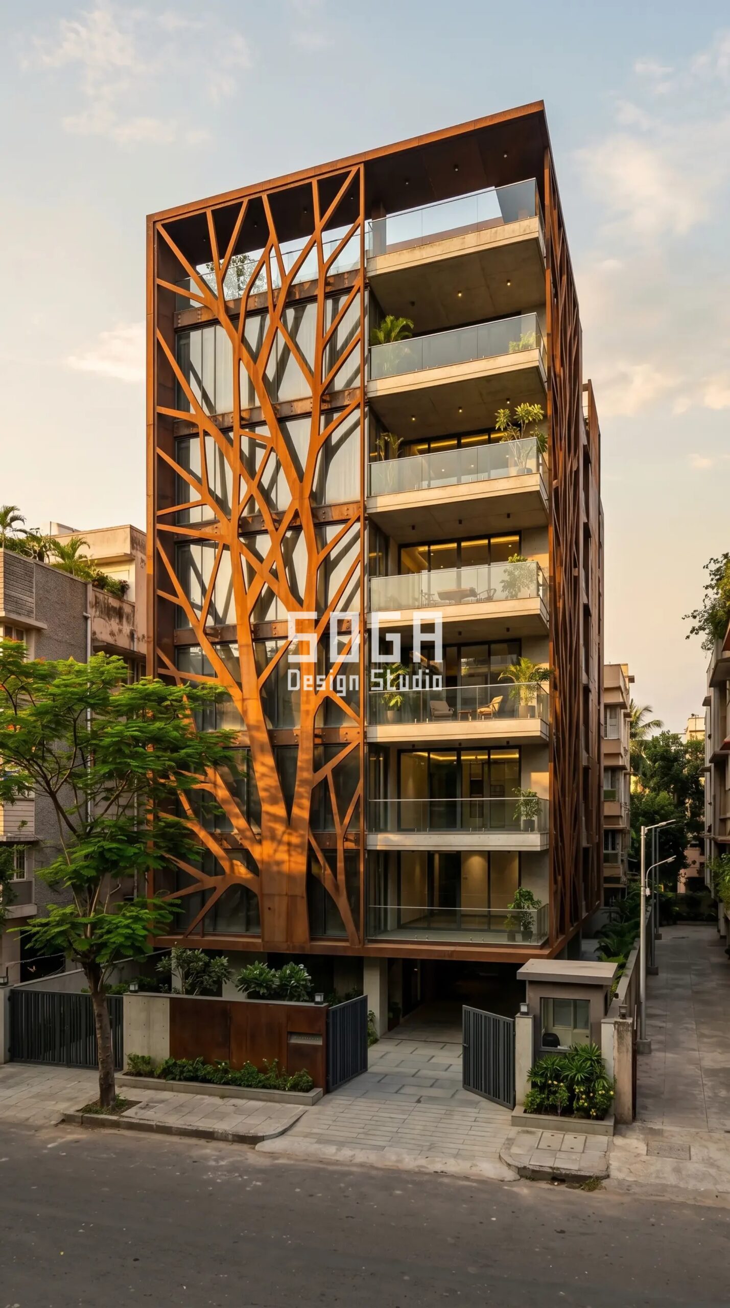 Facade Design in Indore & India 2026: Metal Facade Guide 6 Parametric Branch Screen Corten steel parametric facade Kolkata - SOGA Design Studio