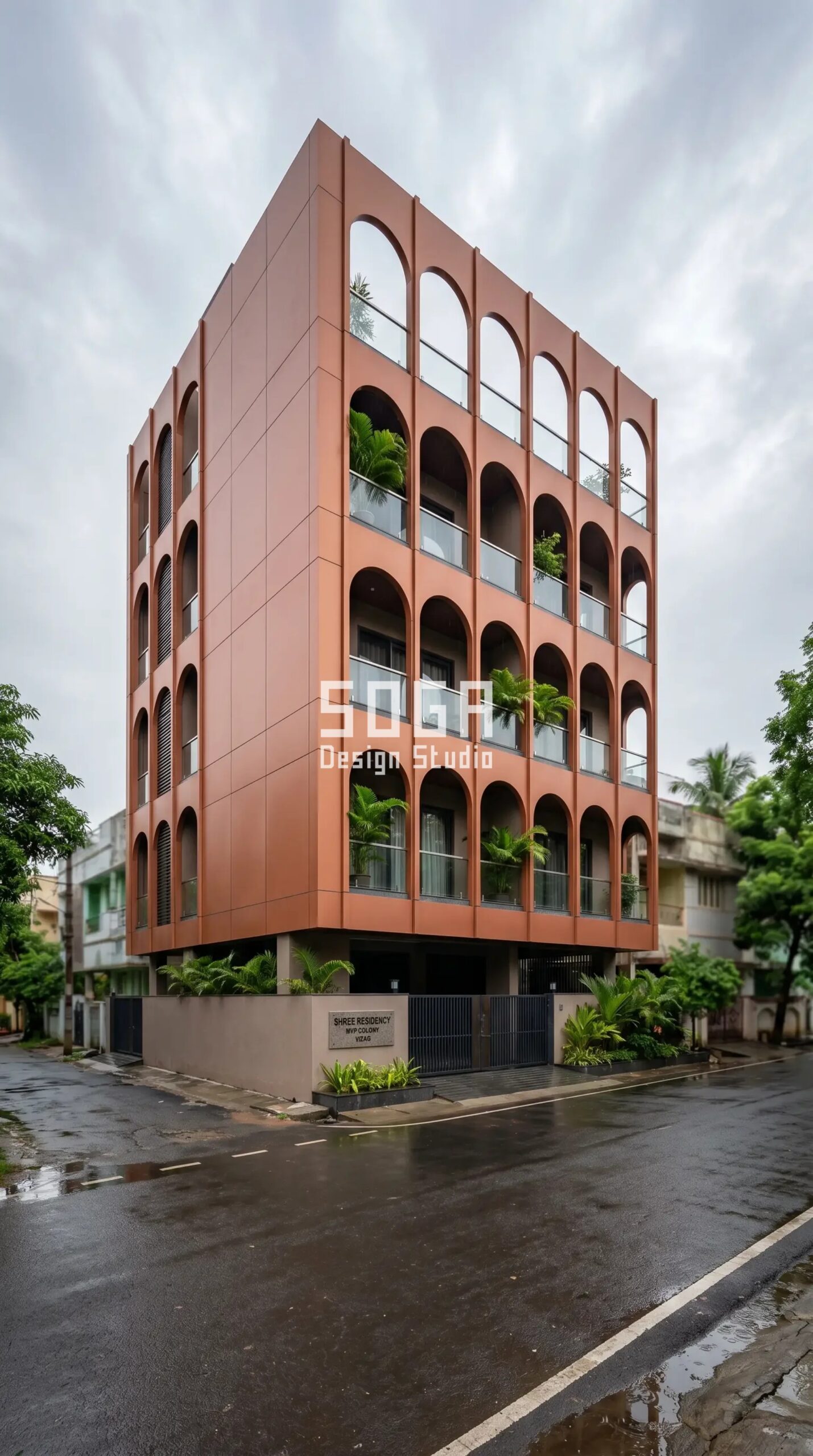 Facade Design in Hyderabad & India 2026: Metal Guide 4 Parametric Colonnade Screen terracotta metal facade Vizag - SOGA Design Studio