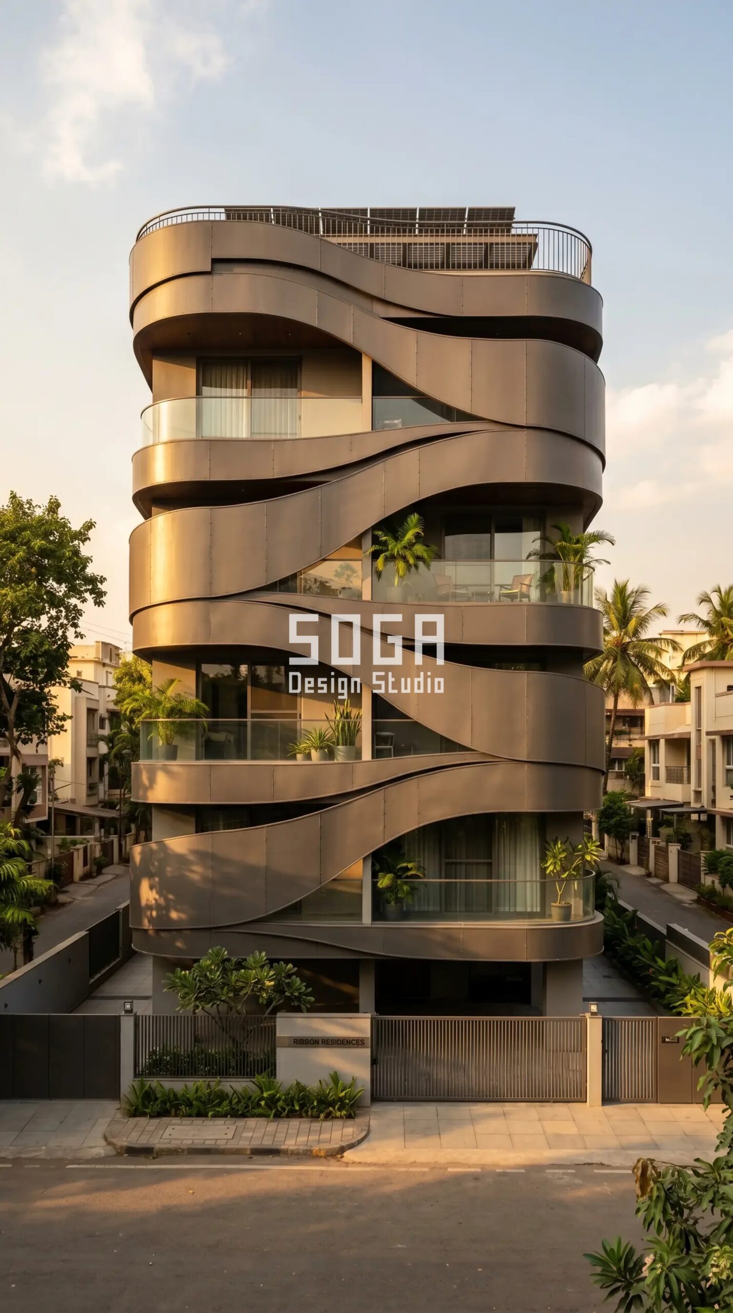 Facade Design in Hyderabad & India 2026: Metal Guide 6 Parametric Helix Shell S-curve ribbon metal facade Mumbai - SOGA Design Studio