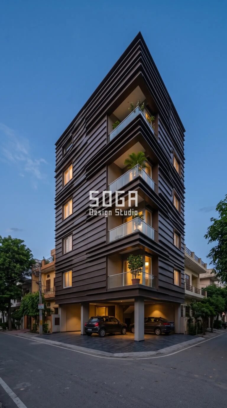 Facade Design in Amritsar & India 2026: Metal Facade Guide 2 Parametric Ledge Screen sepia-brown powder-coated steel parametric facade Amritsar - SOGA Design Studio