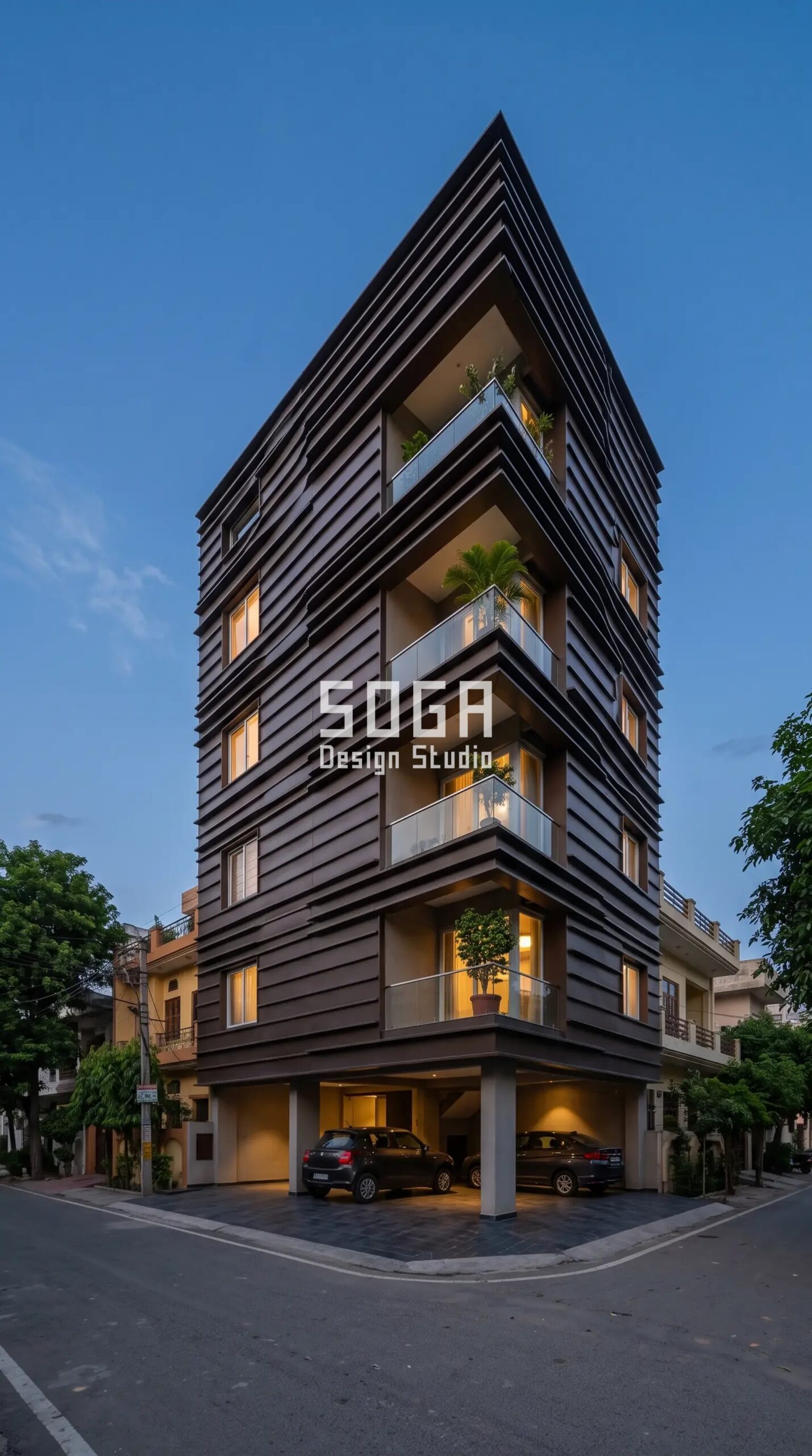 Facade Design in Amritsar & India 2026: Metal Facade Guide 1 Parametric Ledge Screen sepia-brown powder-coated steel parametric facade Amritsar - SOGA Design Studio