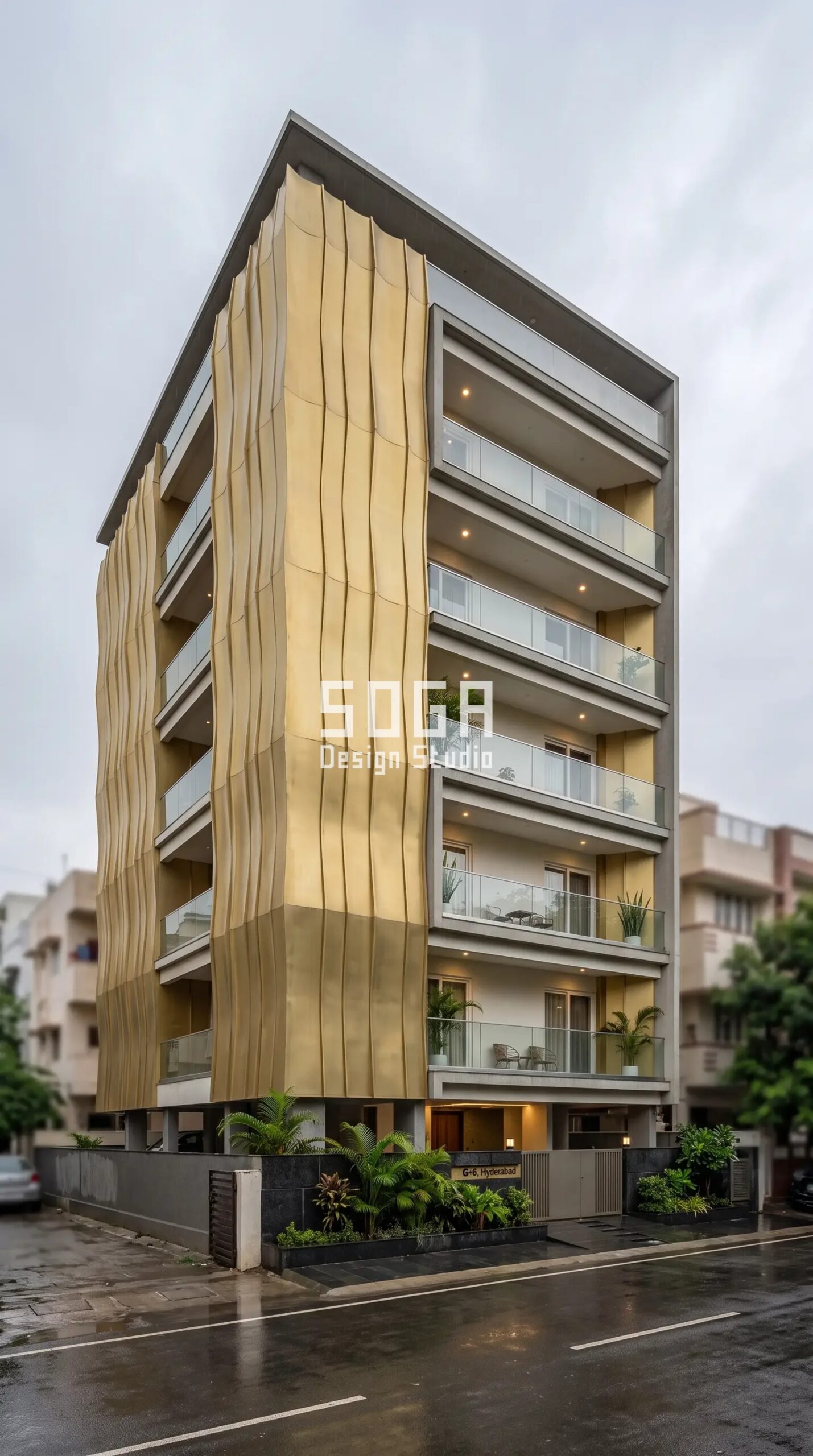 Facade Design in Amritsar & India 2026: Metal Facade Guide 4 Parametric Swell Shell gold stainless steel undulating parametric facade Hyderabad - SOGA Design Studio