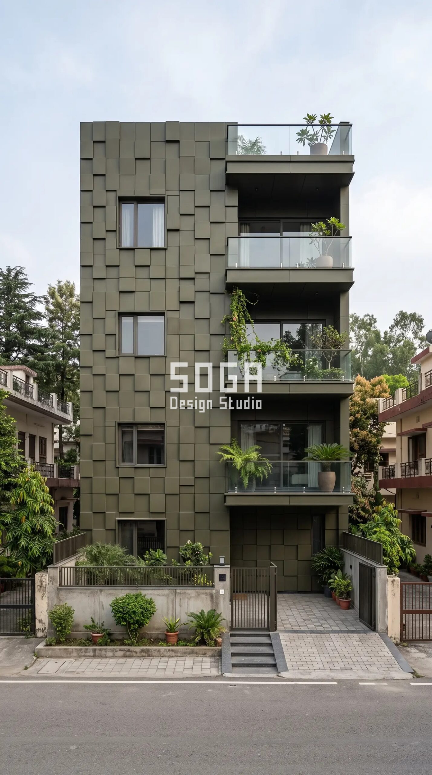 Facade Design in Amritsar & India 2026: Metal Facade Guide 6 Parametric Pixel Grid brown-green powder-coated steel tile parametric facade Dehradun - SOGA Design Studio