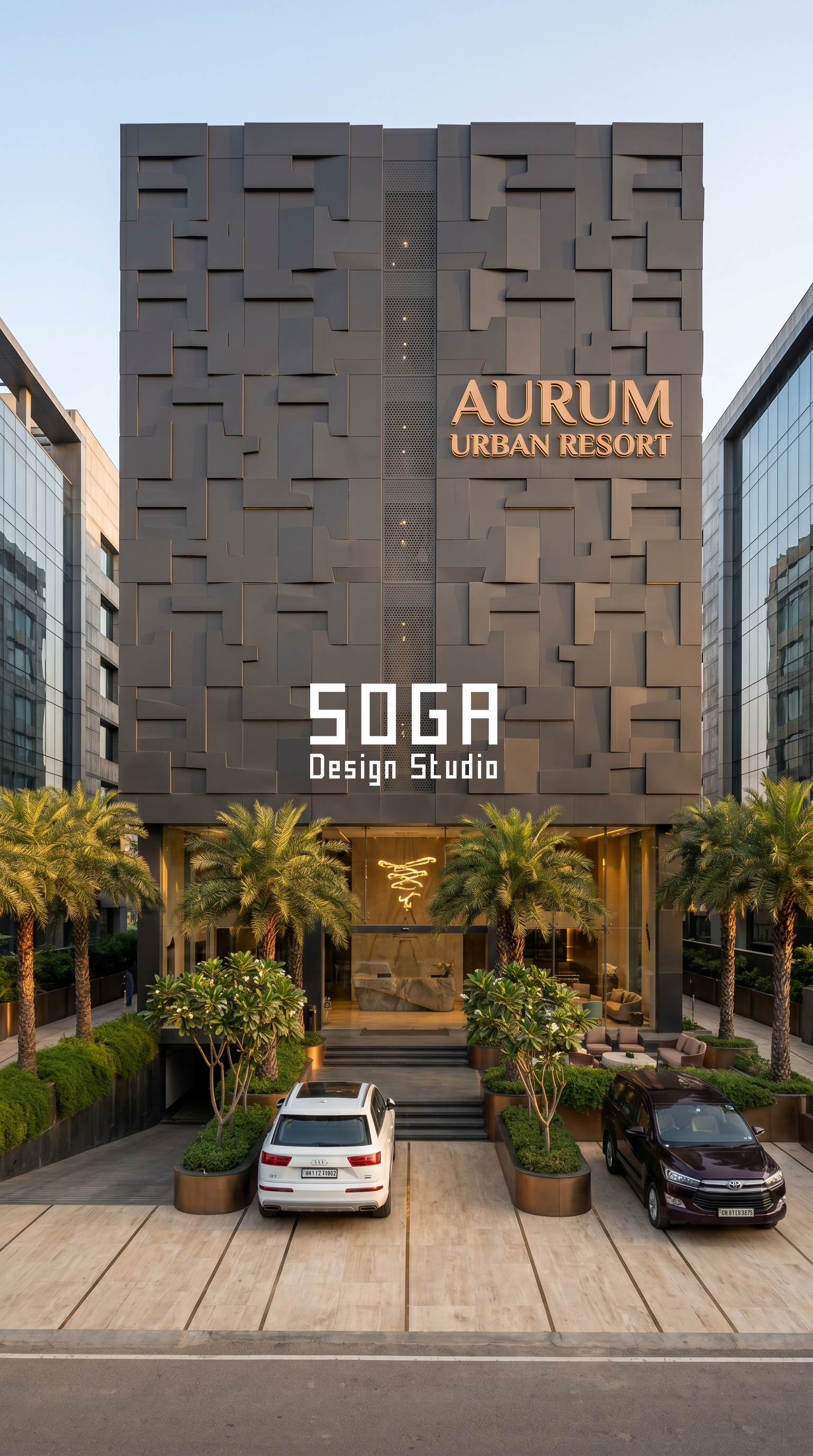 Aurum Urban Resort 3D metal panel facade Hyderabad - SOGA Design Studio