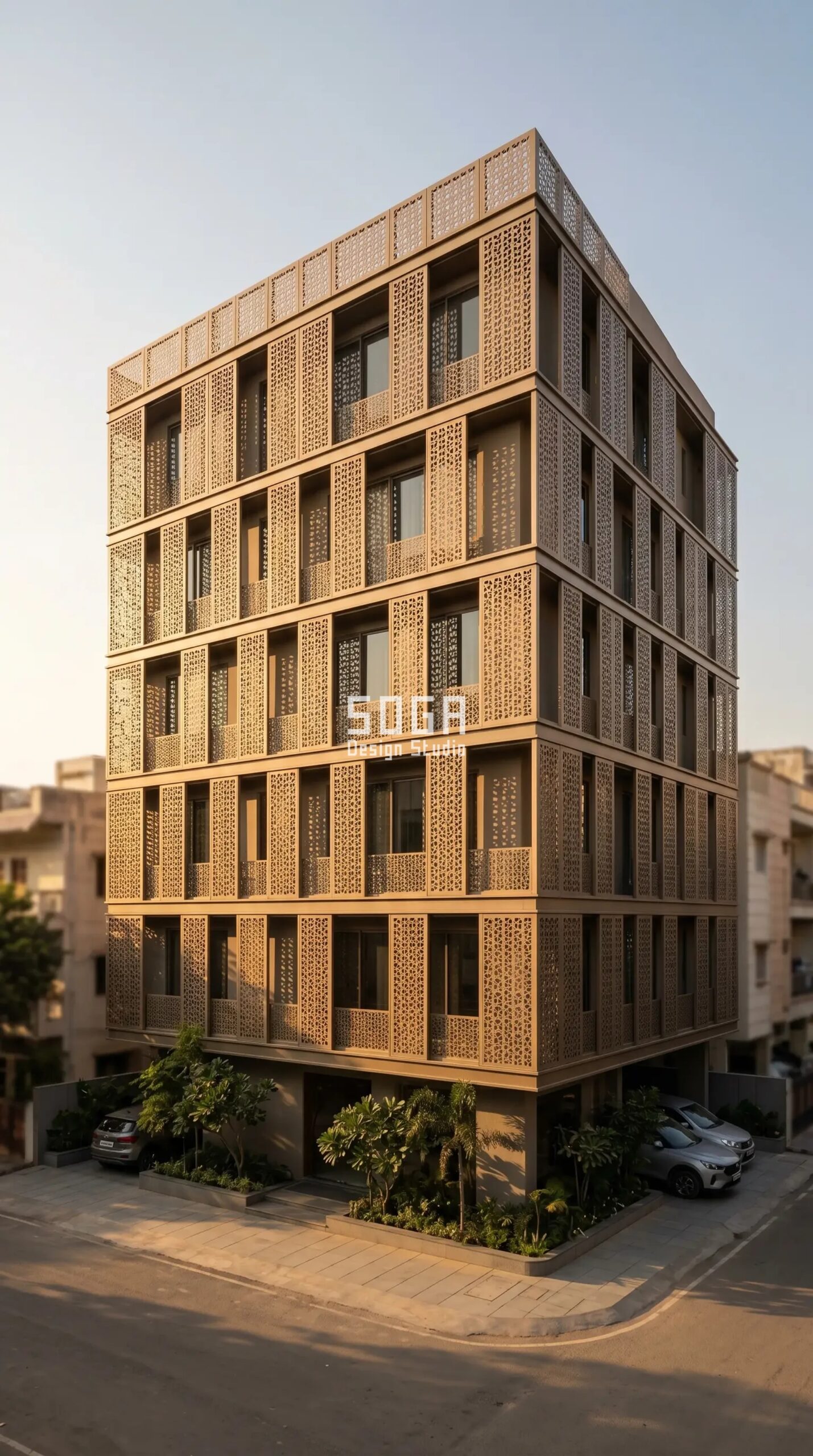 building facade with SOGA perforated metal jaali screen Hyderabad India