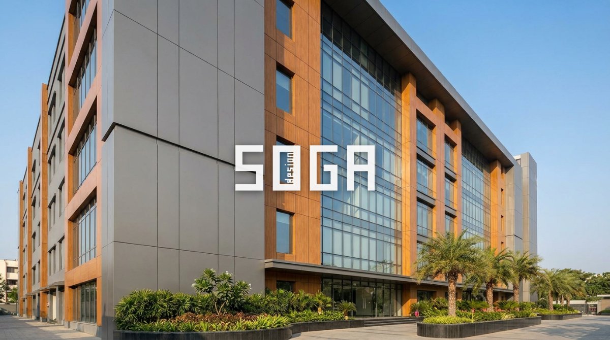 GFRC vs GRC vs ACP vs HPL: Which Facade Material Is Best in India? (2026 Cost + Comparison) 5 Modern commercial building with ACP aluminium composite panel cladding facade — budget facade material India 2026