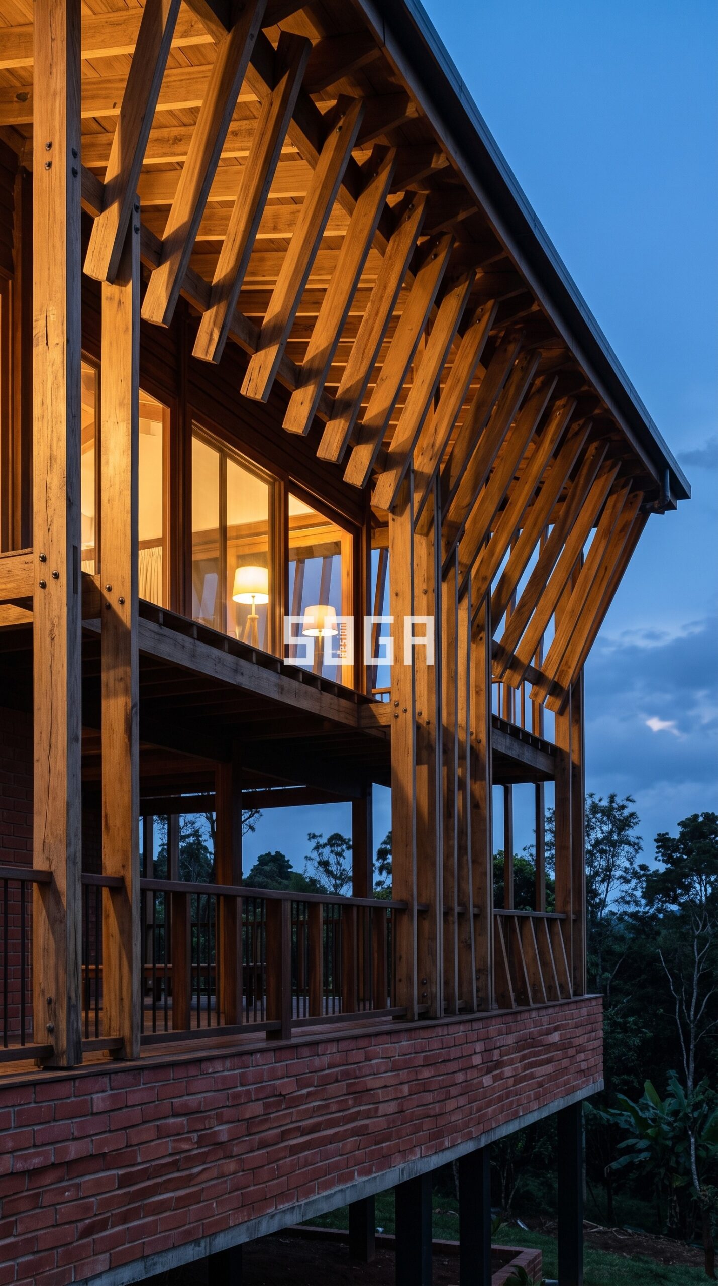 Close-up of rotating timber rib canopy detail at twilight, Coorg farmhouse - SOGA Design Studio