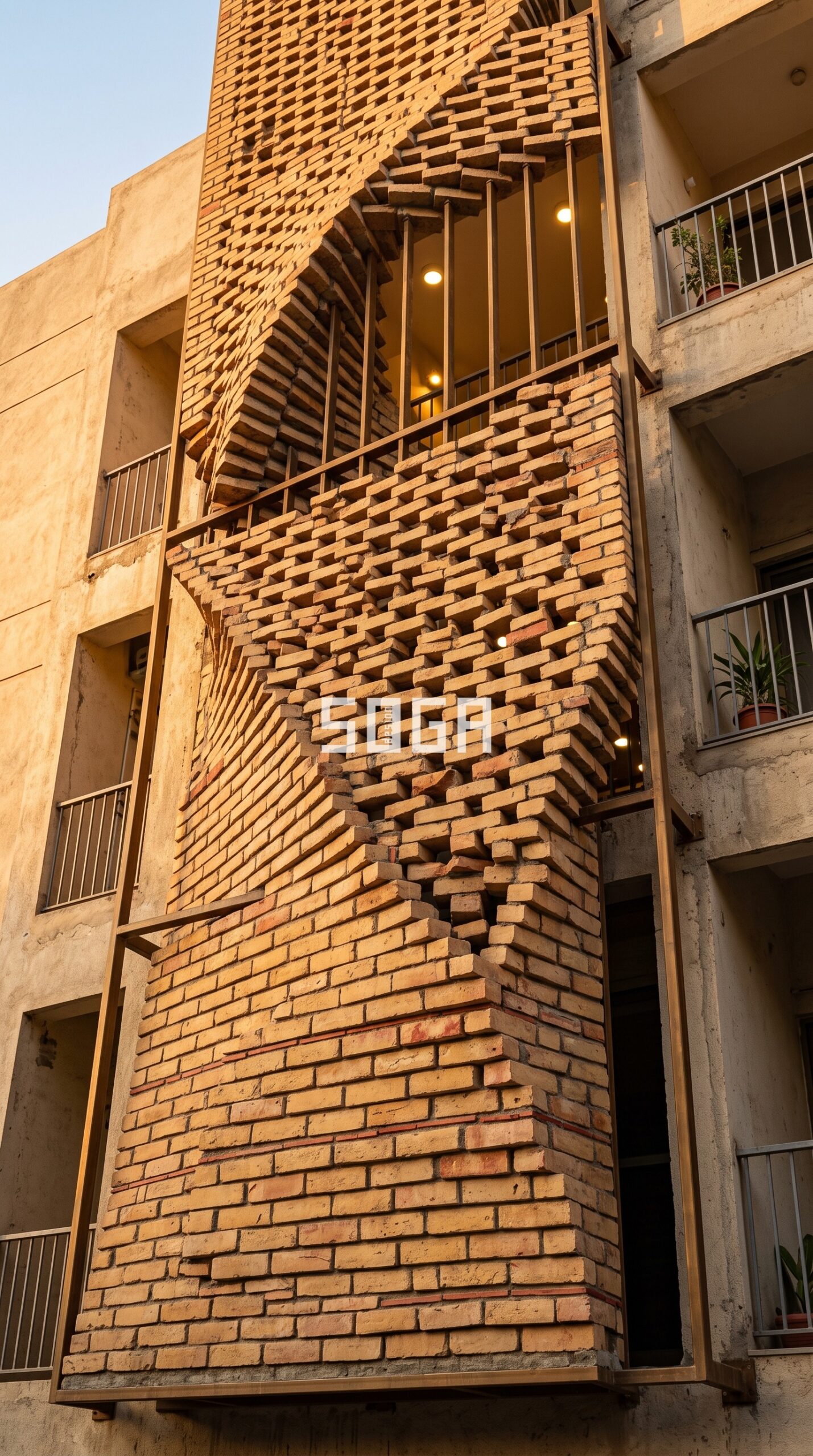 Close-up of twisted wire-cut brick screen detail, Ahmedabad apartment facade - SOGA Design Studio