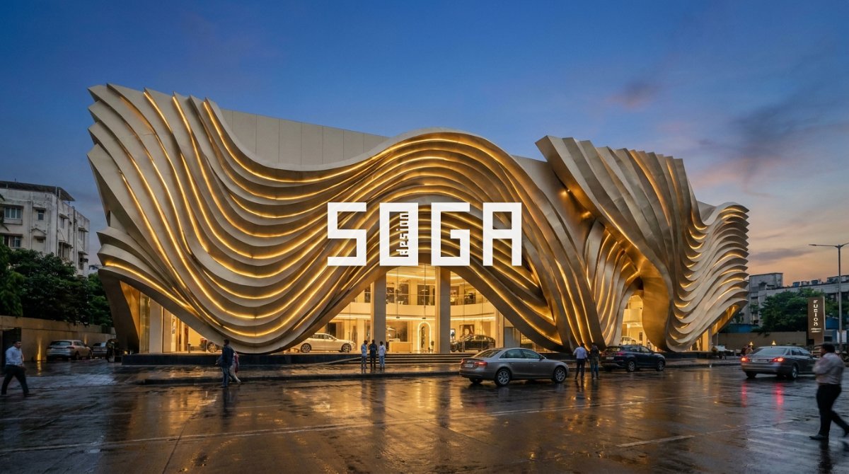 Flagship retail showroom folded metal ribbon facade at dusk — commercial facade design idea 2026