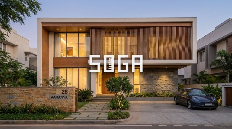 Double-Storey House Front Elevation Designs 2026: Modern Parametric Ideas 2 Modern double-storey G+1 Indian house front elevation at dusk with parametric fin screen — front elevation design 2026