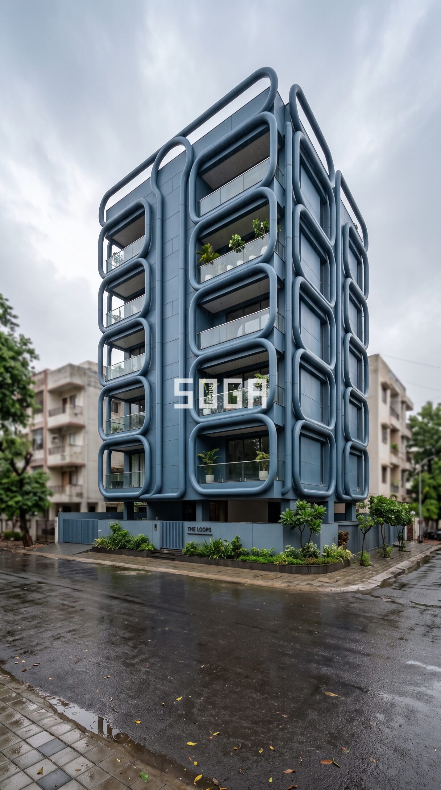 House Elevation Design in India: The Questions Everyone Asks, Answered 3 Giant interlocking loop metal pipe elevation design in Ahmedabad - SOGA Design Studio