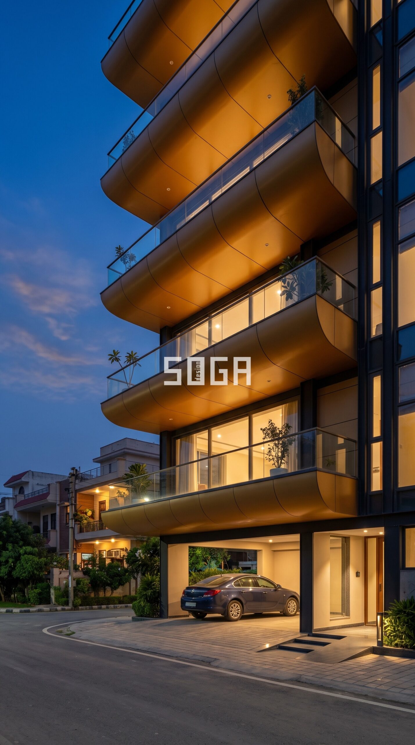 House Elevation Design in India: The Questions Everyone Asks, Answered 2 Cantilevered curved metal balcony elevation design in Gurugram - SOGA Design Studio
