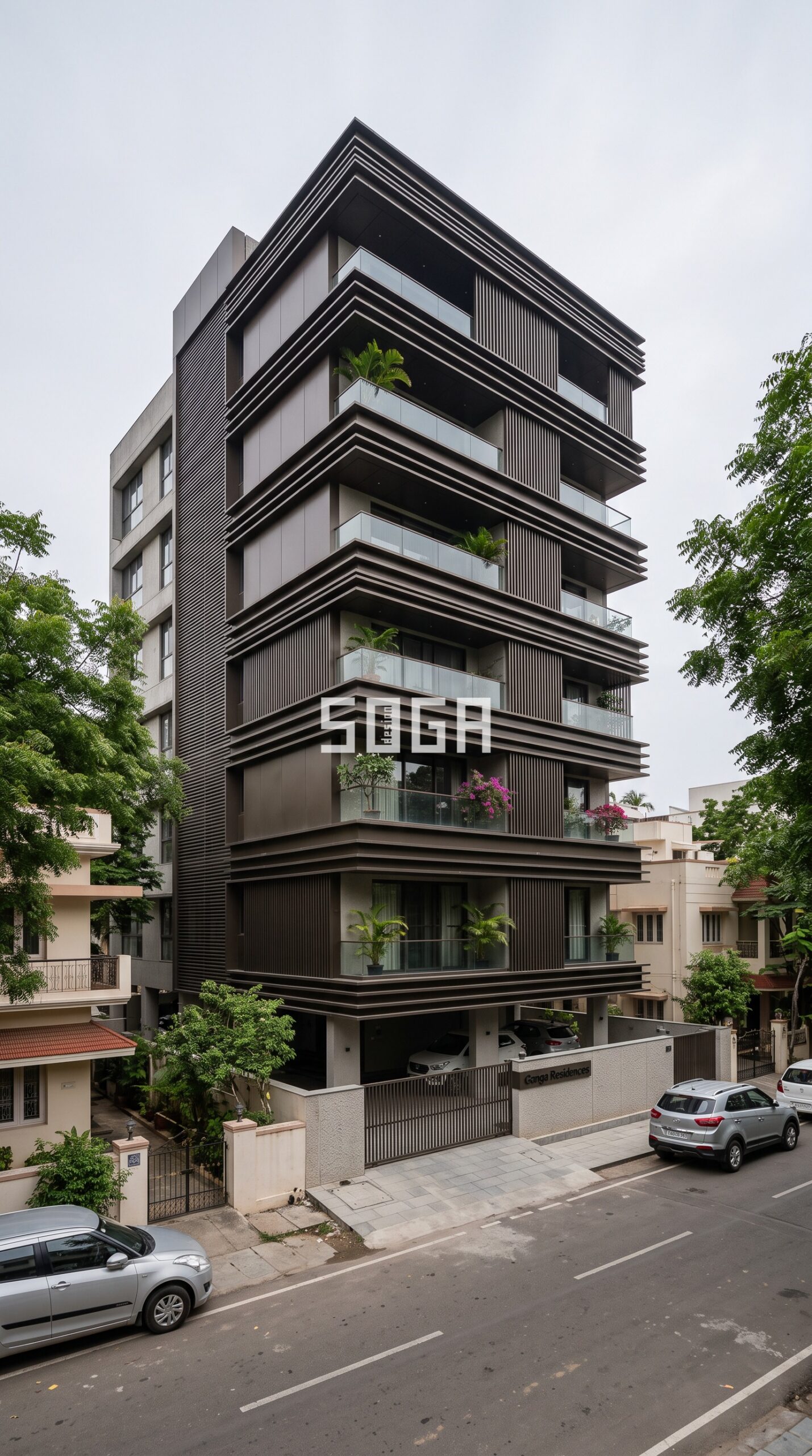Small & Budget House Elevation Design in India: Complete Q&A Guide 2 Layered offset horizontal metal blade elevation design in Chennai - SOGA Design Studio
