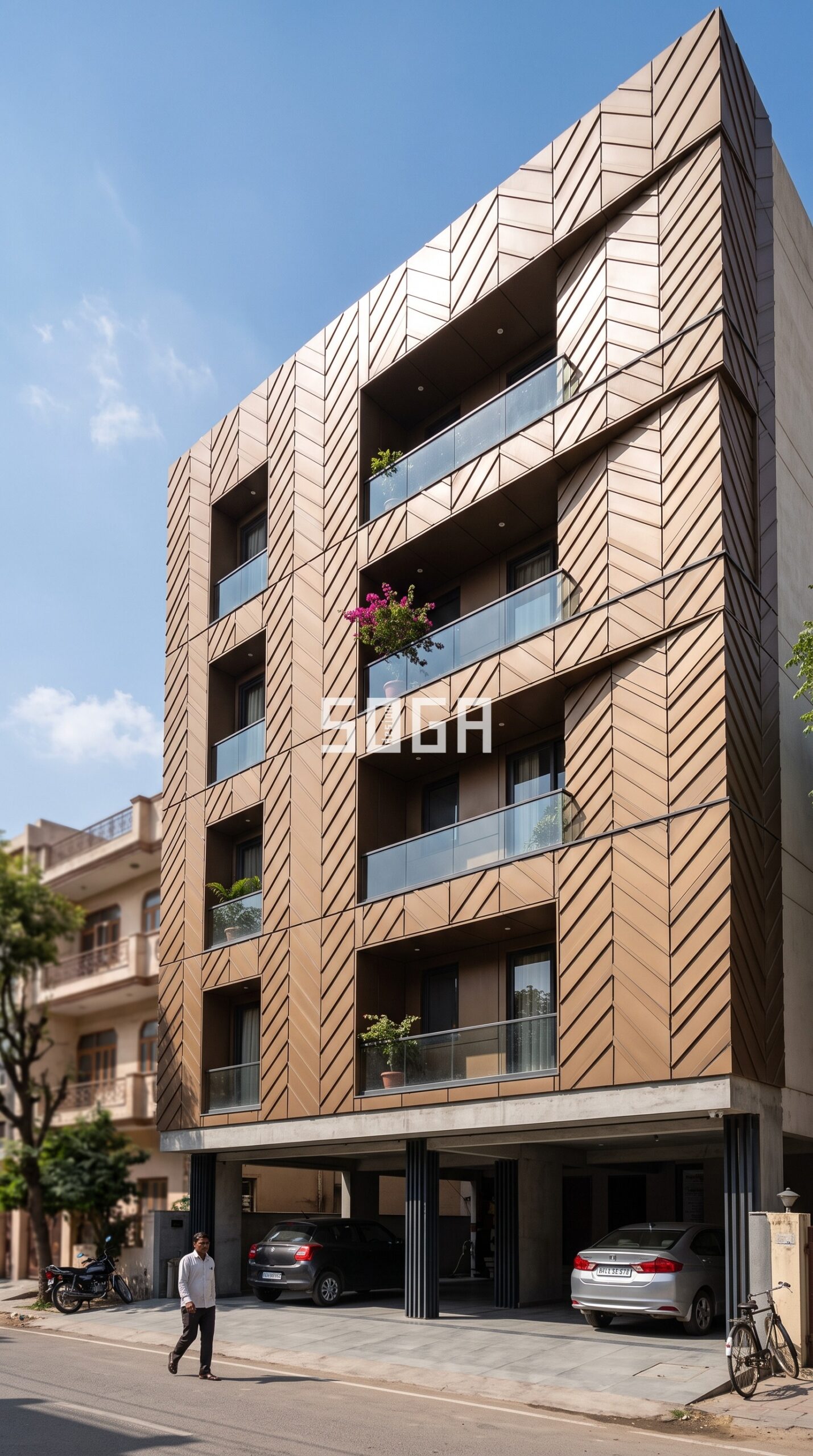Small & Budget House Elevation Design in India: Complete Q&A Guide 3 Bold chevron herringbone pattern elevation design in Jaipur - SOGA Design Studio