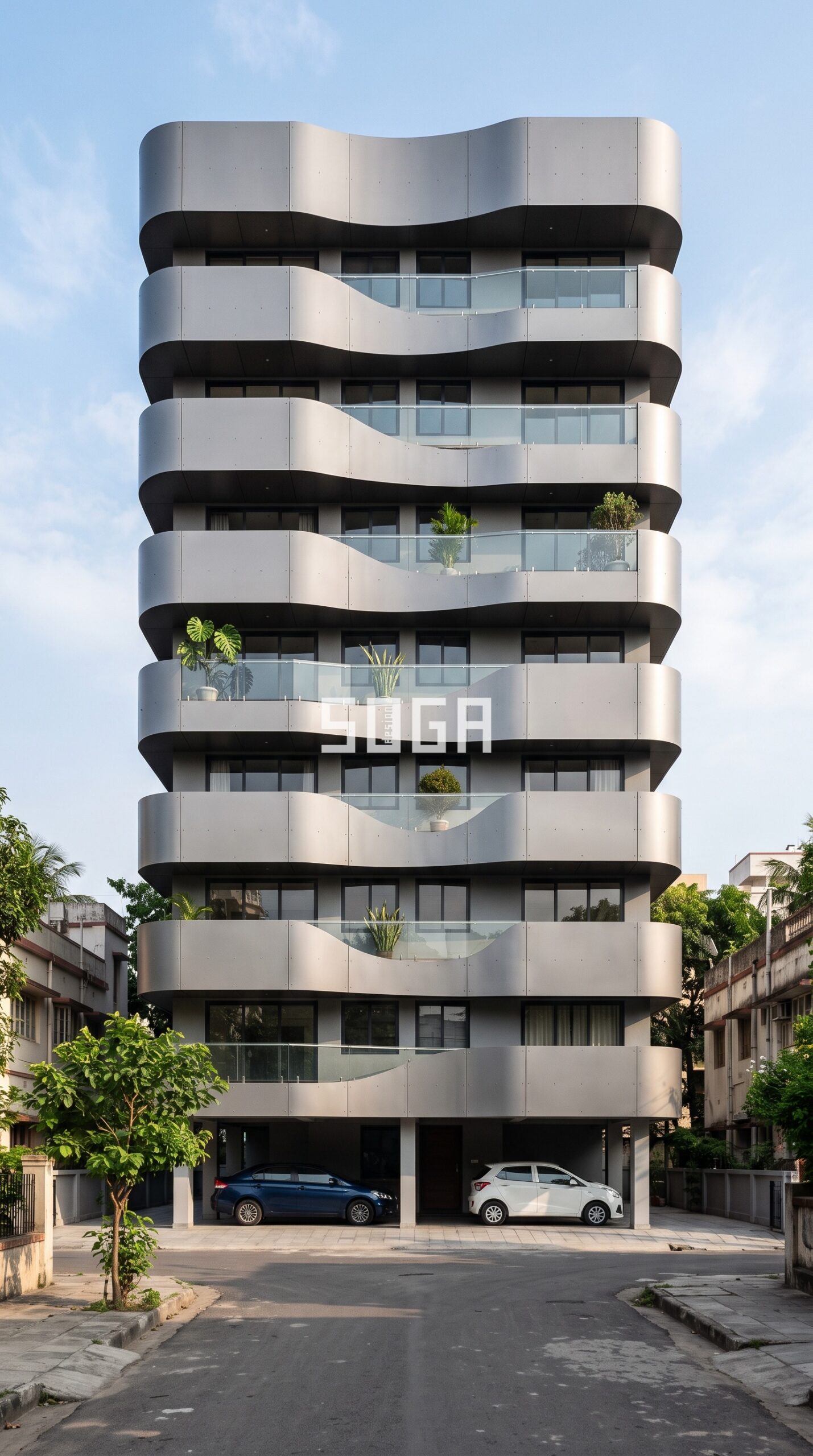 Facade & Elevation Design in India: Complete FAQ Guide 1 wide undulating metal canopy bands that double as sunshades parametric facade Kolkata - SOGA Design Studio