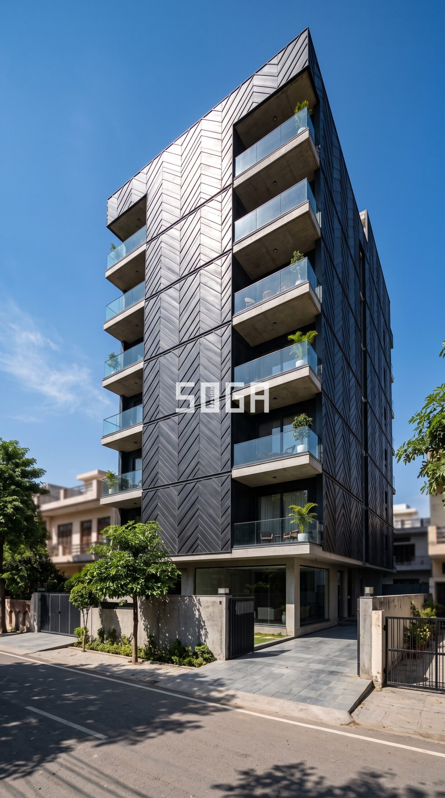 Facade & Elevation Design in India: Complete FAQ Guide 3 bold chevron herringbone pattern embossed metal panels stack parametric facade Ludhiana - SOGA Design Studio