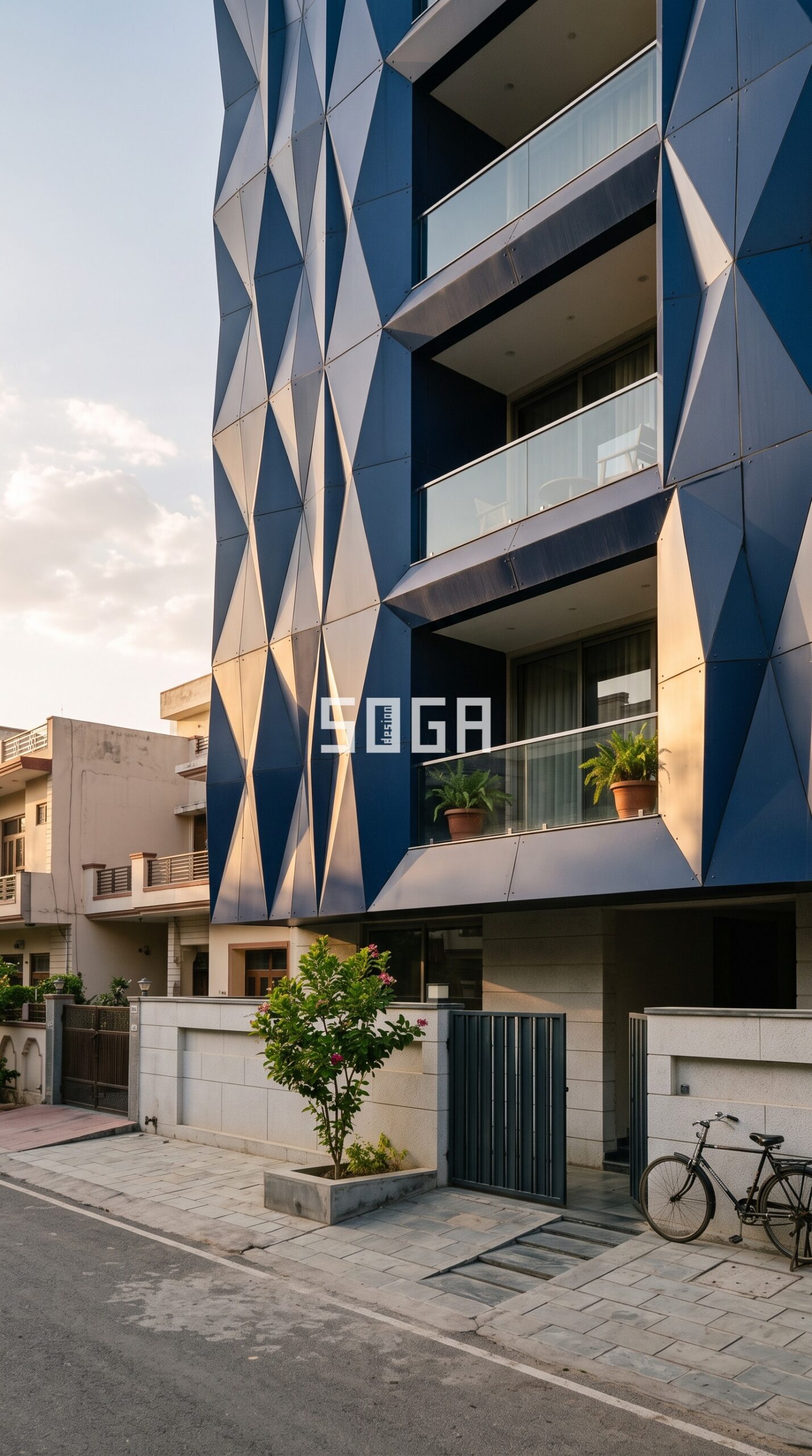 Facade & Elevation Design in India: Complete FAQ Guide 4 parametric angular diamond-faceted folded metal panels creat parametric facade Jaipur - SOGA Design Studio