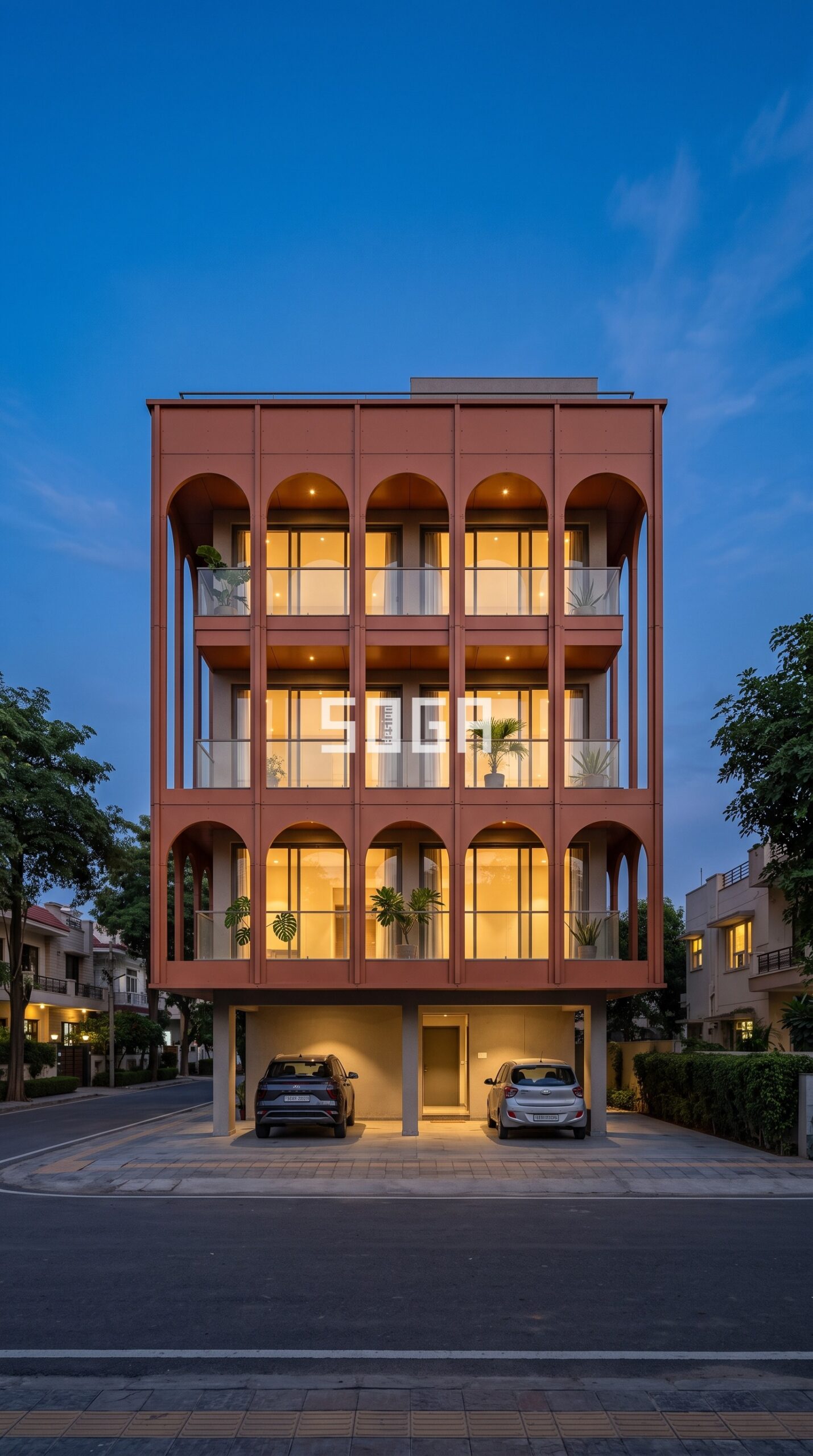 Facade & Elevation Design in India: Complete FAQ Guide 5 full height arched metal colonnade pattern wrapping the buil parametric facade Gurugram - SOGA Design Studio