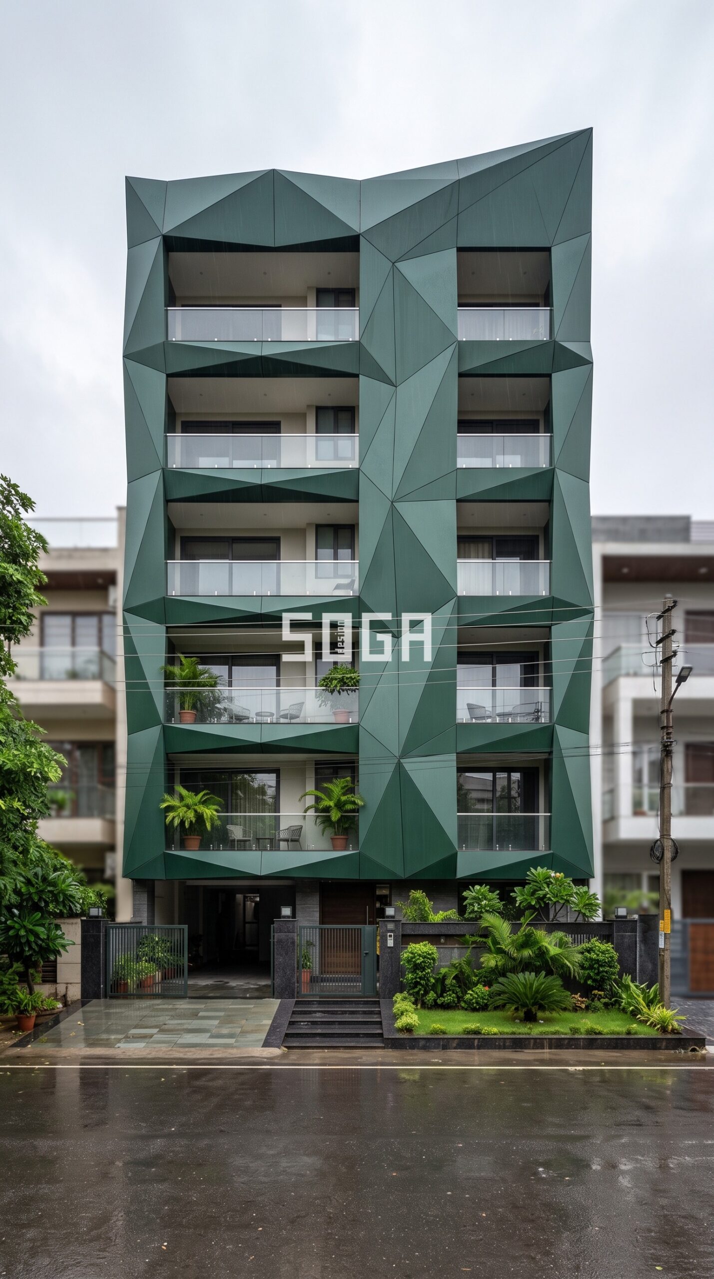 Facade & Elevation Design in India: Complete FAQ Guide 6 parametric angular diamond-faceted folded metal panels creat parametric facade Ludhiana - SOGA Design Studio