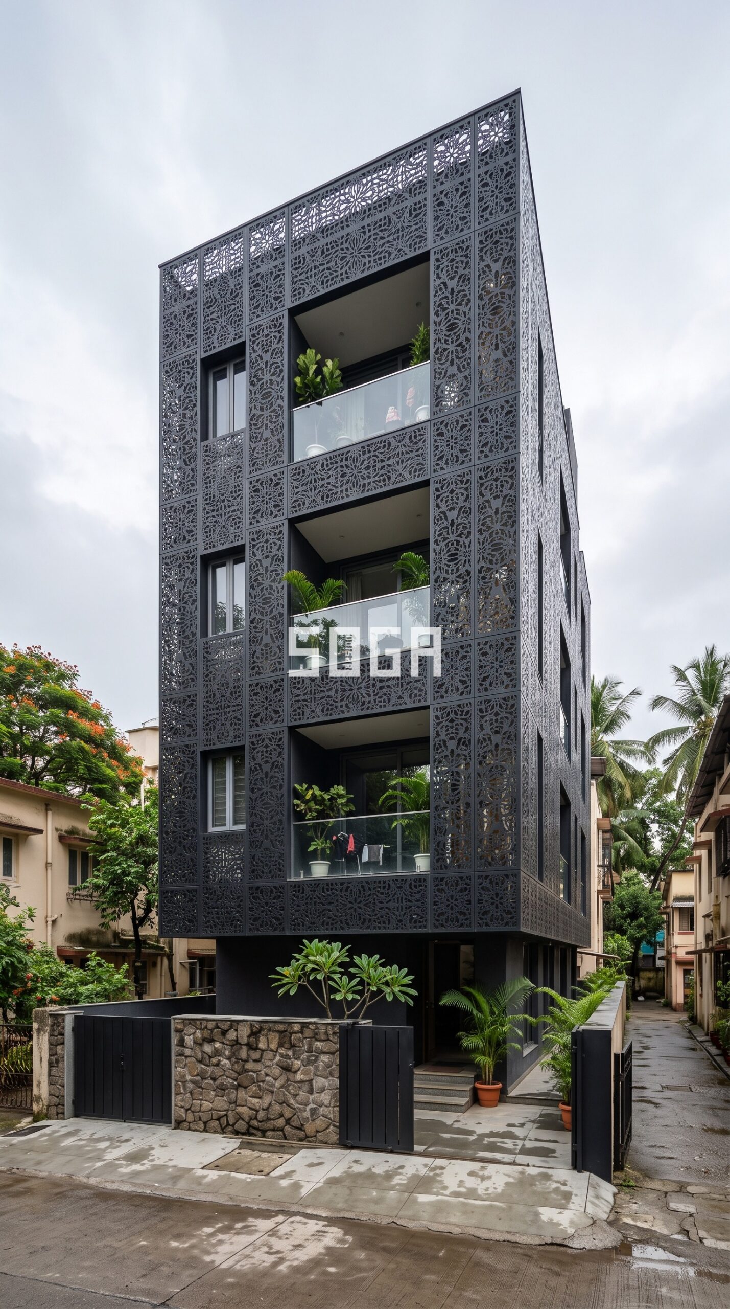 Facade & Elevation Design in India: Complete FAQ Guide 8 intricate floral arabesque laser-cut perforated metal claddi parametric facade Mumbai - SOGA Design Studio