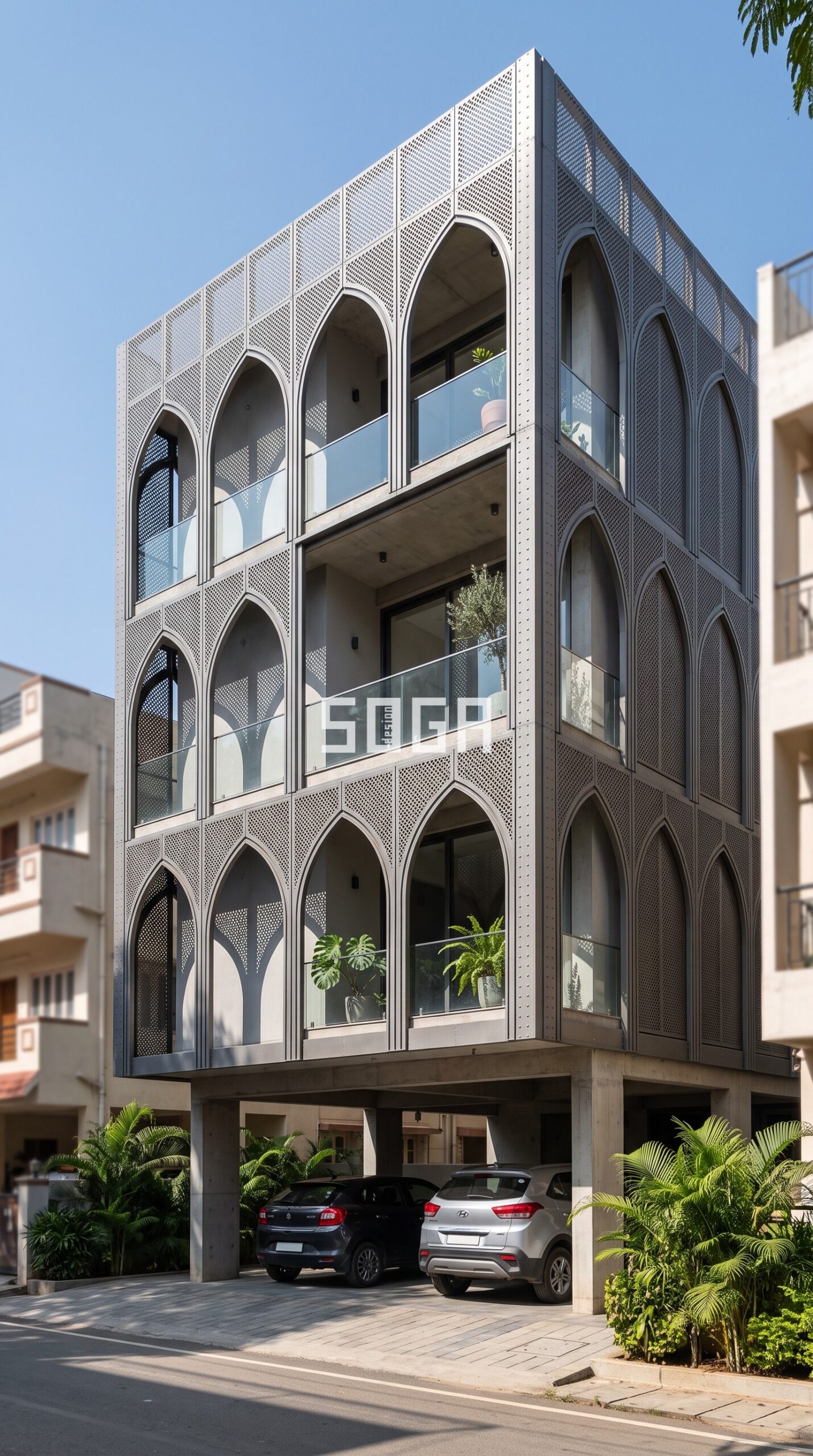 Facade & Elevation Design in India: Complete FAQ Guide 9 gothic-inspired pointed arched cutout perforated metal scree parametric facade Bangalore - SOGA Design Studio